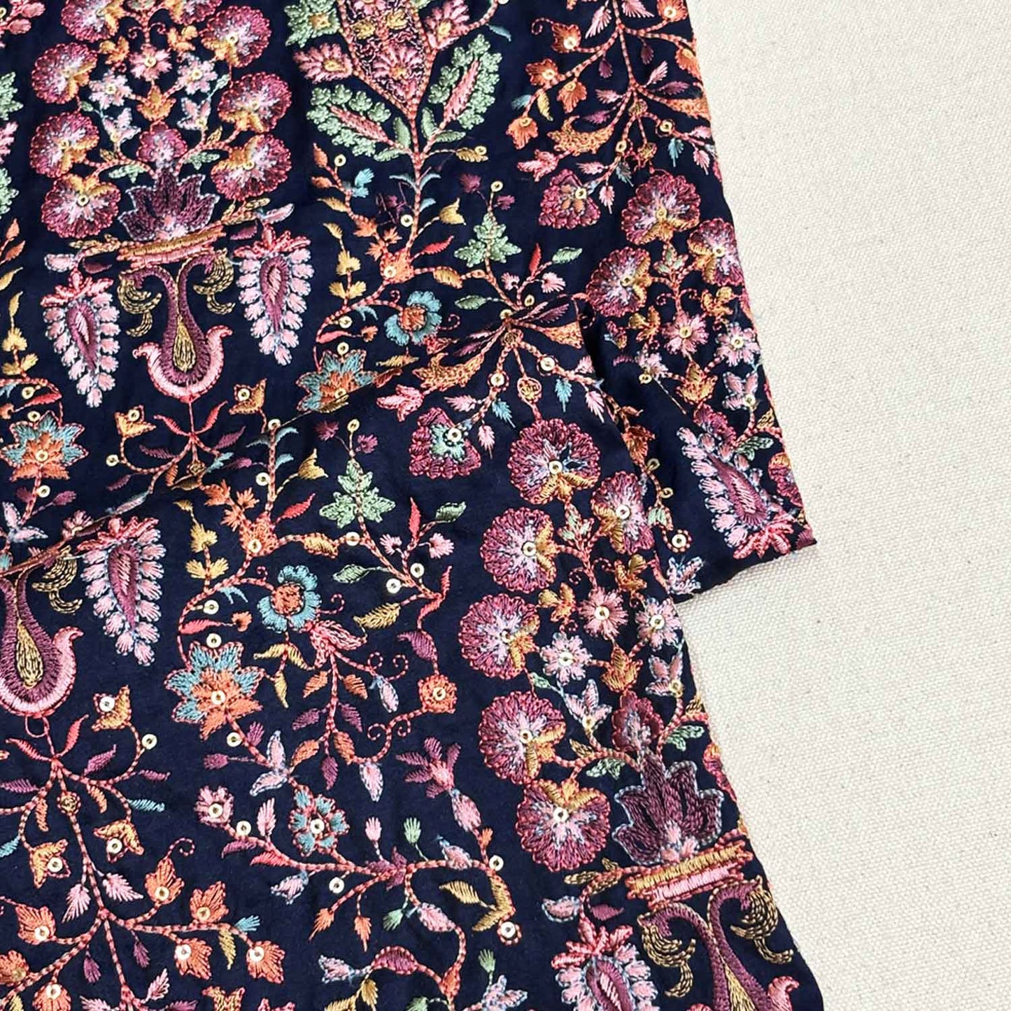 Navy Blue Floral Embroidery Tusser Silk Fabric DRAJ-28184