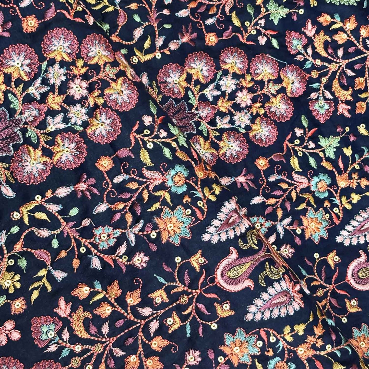 Navy Blue Floral Embroidery Tusser Silk Fabric DRAJ-28184