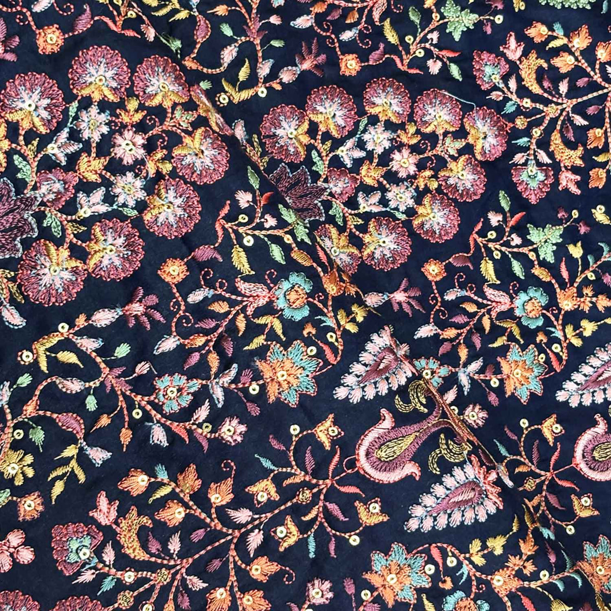 Navy Blue Floral Embroidery Tusser Silk Fabric DR-28184 - TradeUNO