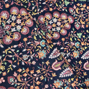 Navy Blue Floral Embroidery Tusser Silk Fabric DR-28184 - TradeUNO