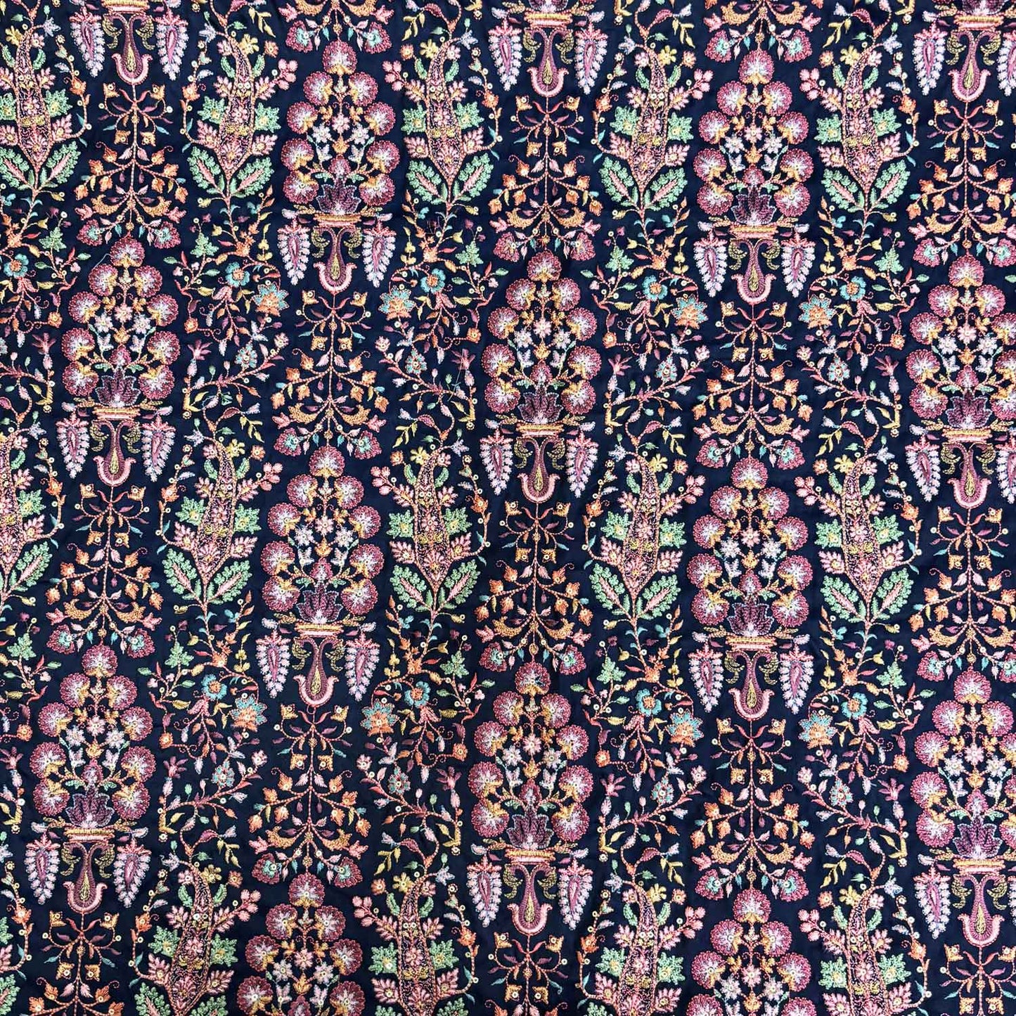 Navy Blue Floral Embroidery Tusser Silk Fabric DRAJ-28184