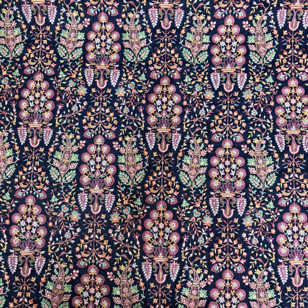 Navy Blue Floral Embroidery Tusser Silk Fabric DR-28184 - TradeUNO