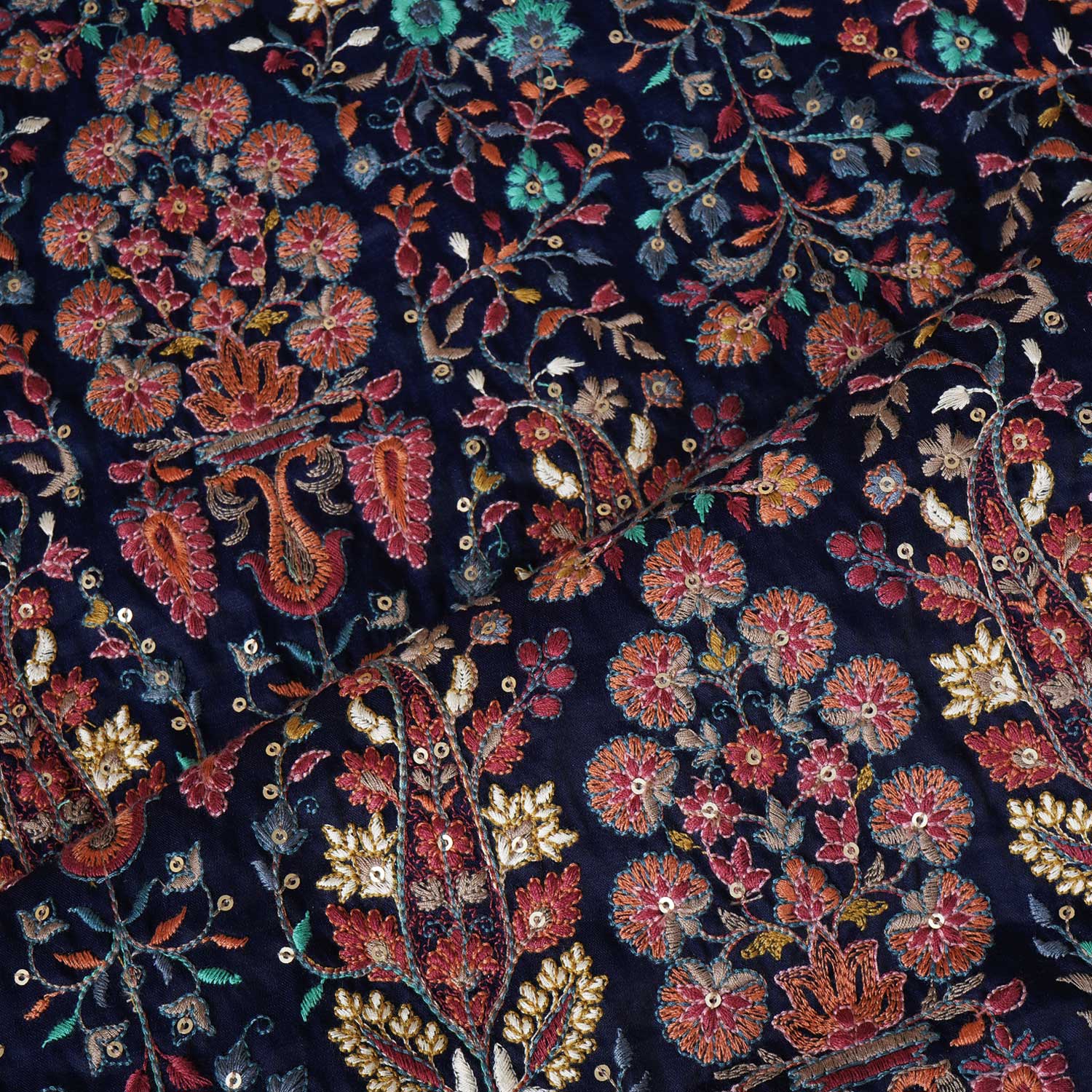 Navy Blue Floral Embroidery Tusser Silk Fabric DR-28185 - TradeUNO