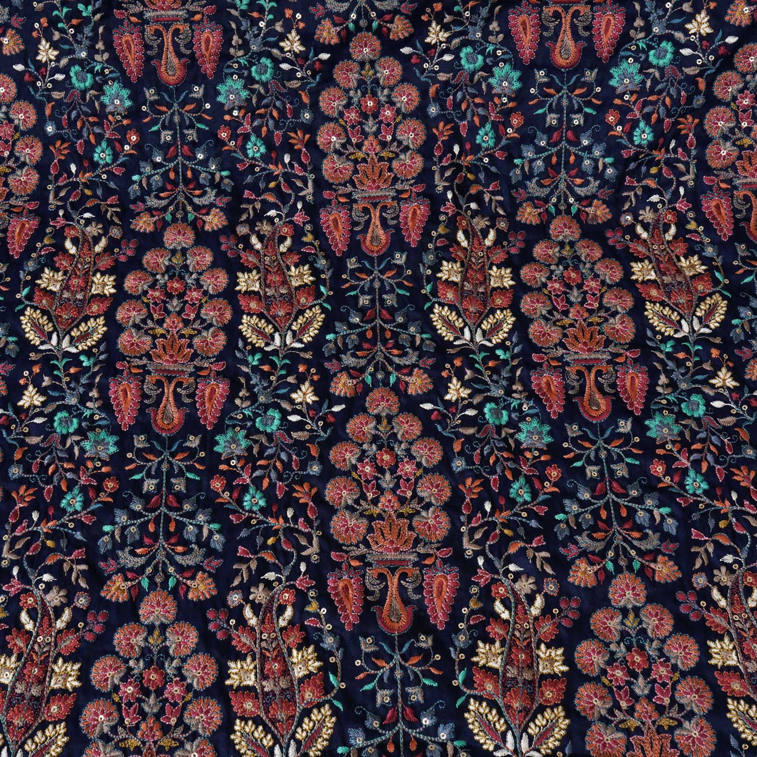 Navy Blue Floral Embroidery Tusser Silk Fabric DR-28185 - TradeUNO