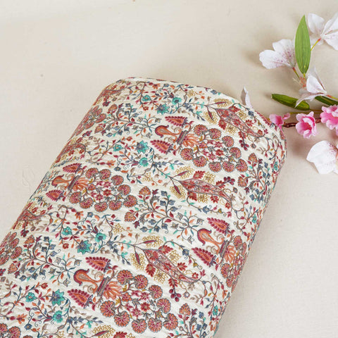 Dark Cream Floral Embroidery Tusser Silk Fabric DR-28186