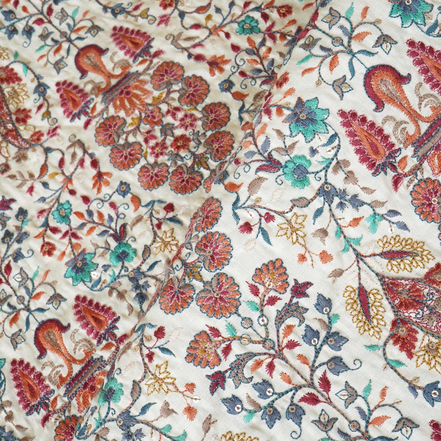 Dark Cream Floral Embroidery Tusser Silk Fabric DRAJ-28186