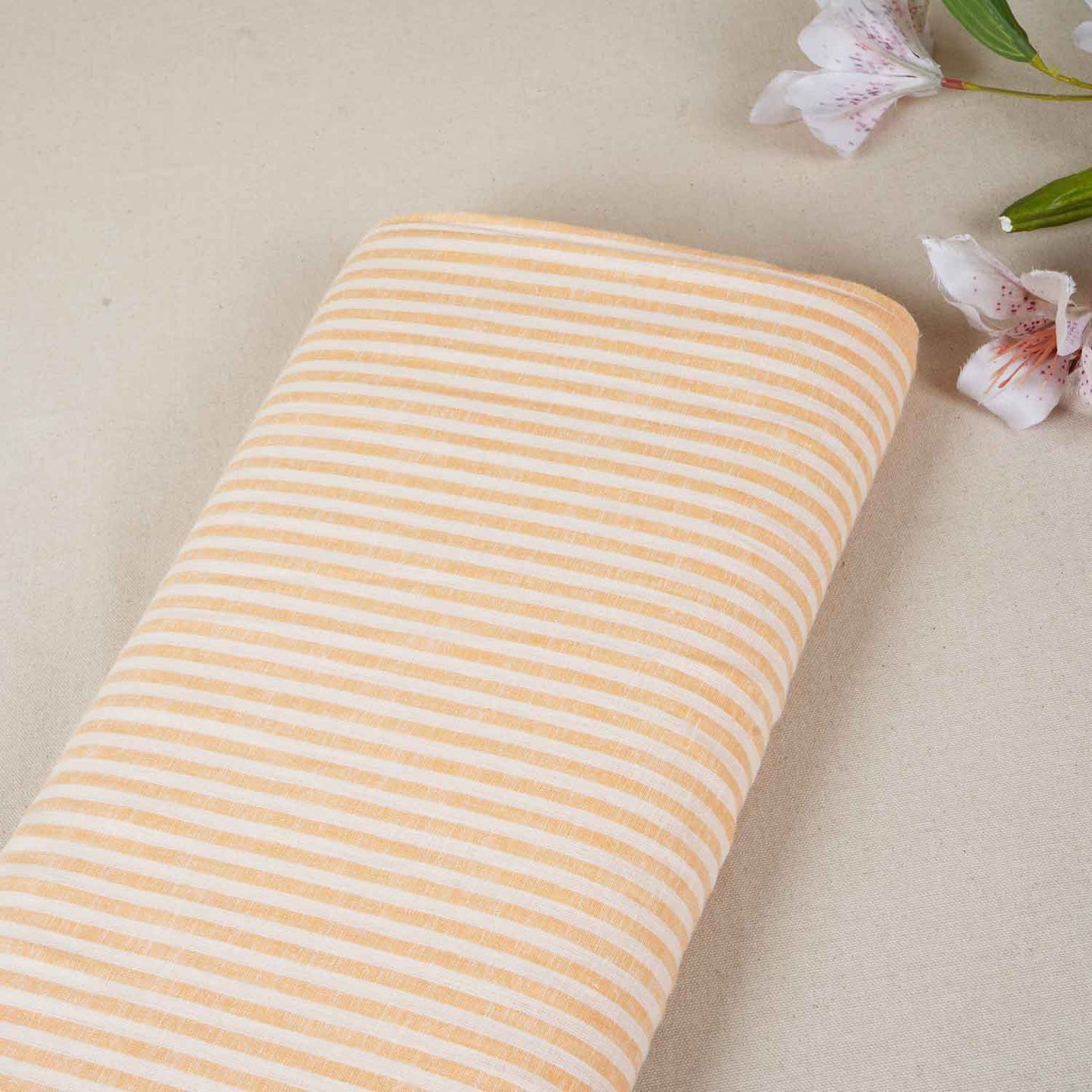 White & Light Orange Strips Cotton Linen Fabric LSF-28188