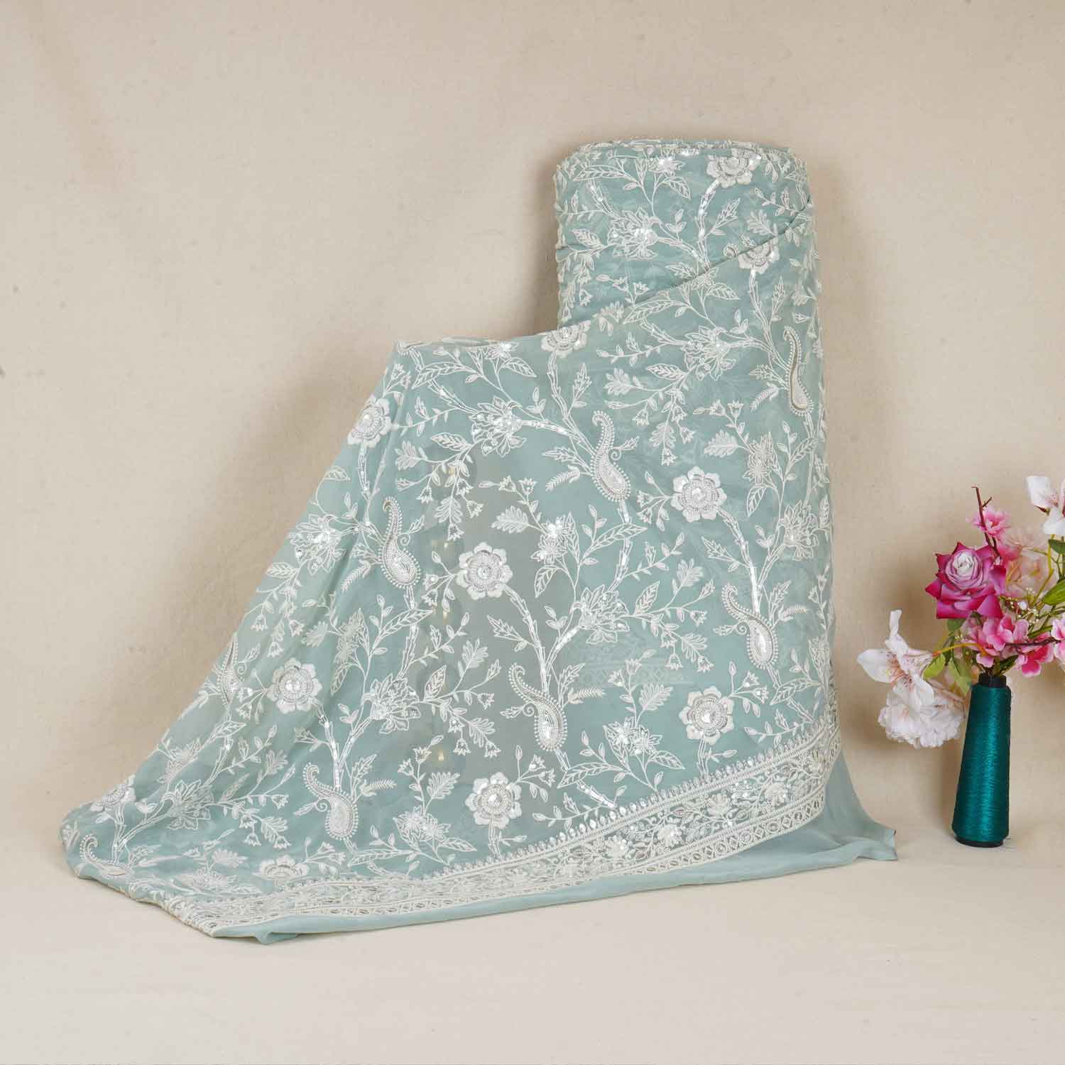 Sea Green Floral Thread Sequins Embroidery Chikankari Georgette Fabric DR-28282 - TradeUNO