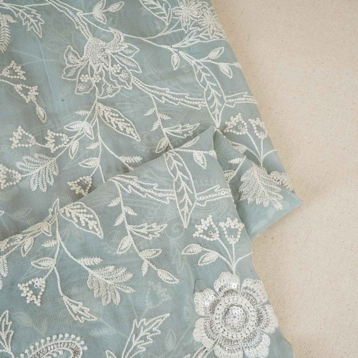 Sea Green Floral Thread Sequins Embroidery Chikankari Georgette Fabric DR-28282 - TradeUNO