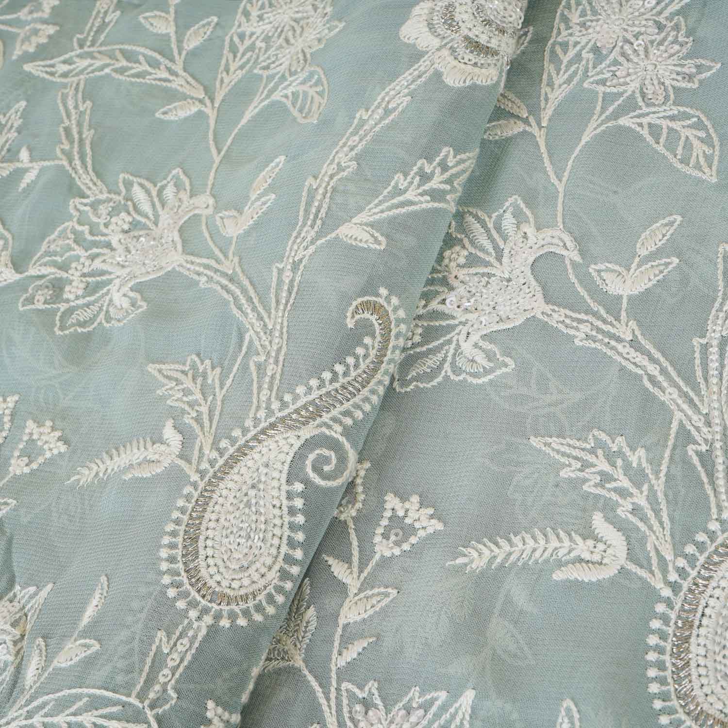 Sea Green Floral Thread Sequins Embroidery Chikankari Georgette Fabric DR-28282 - TradeUNO