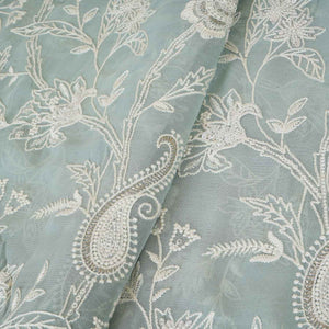 Sea Green Floral Thread Sequins Embroidery Chikankari Georgette Fabric DR-28282 - TradeUNO