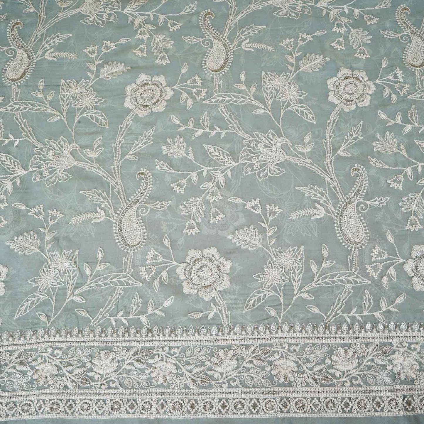 Sea Green Floral Thread Sequins Embroidery Chikankari Georgette Fabric DRAJ-28282