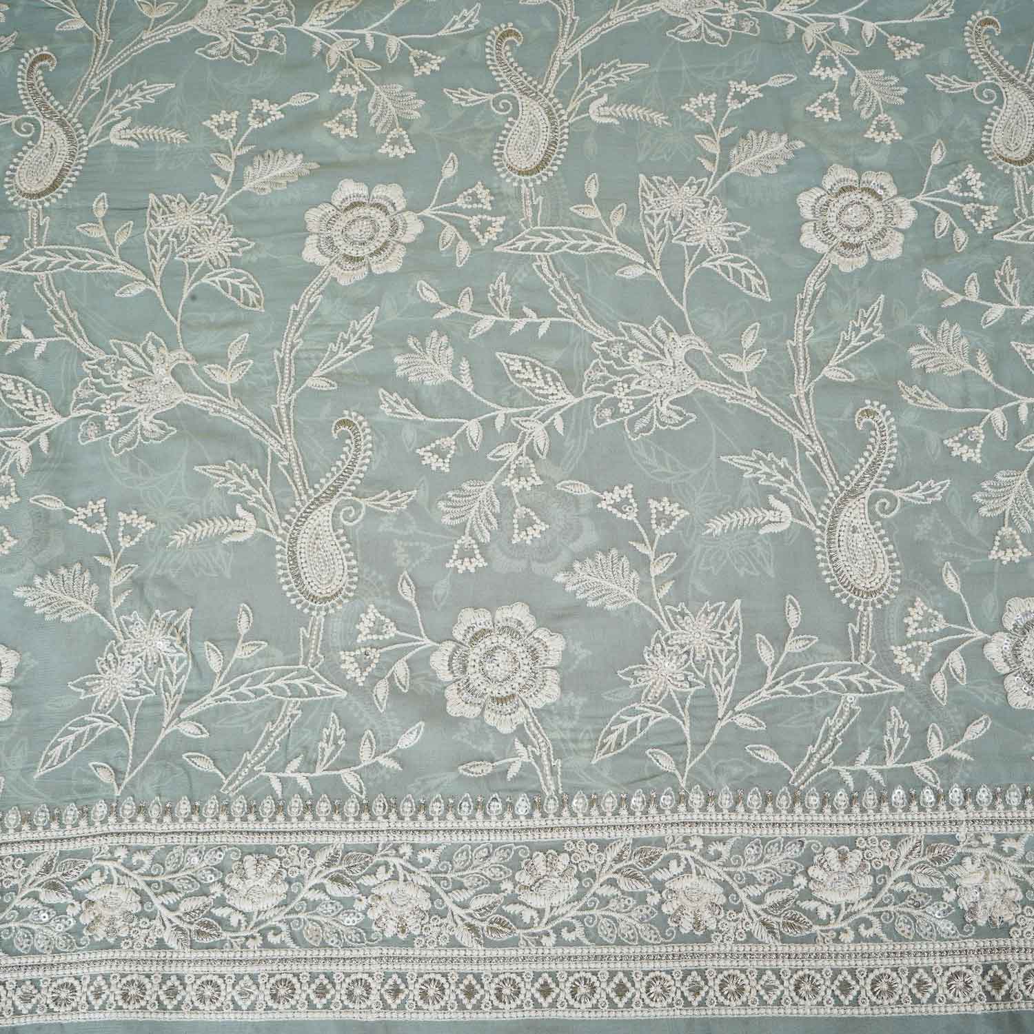 Sea Green Floral Thread Sequins Embroidery Chikankari Georgette Fabric DR-28282 - TradeUNO