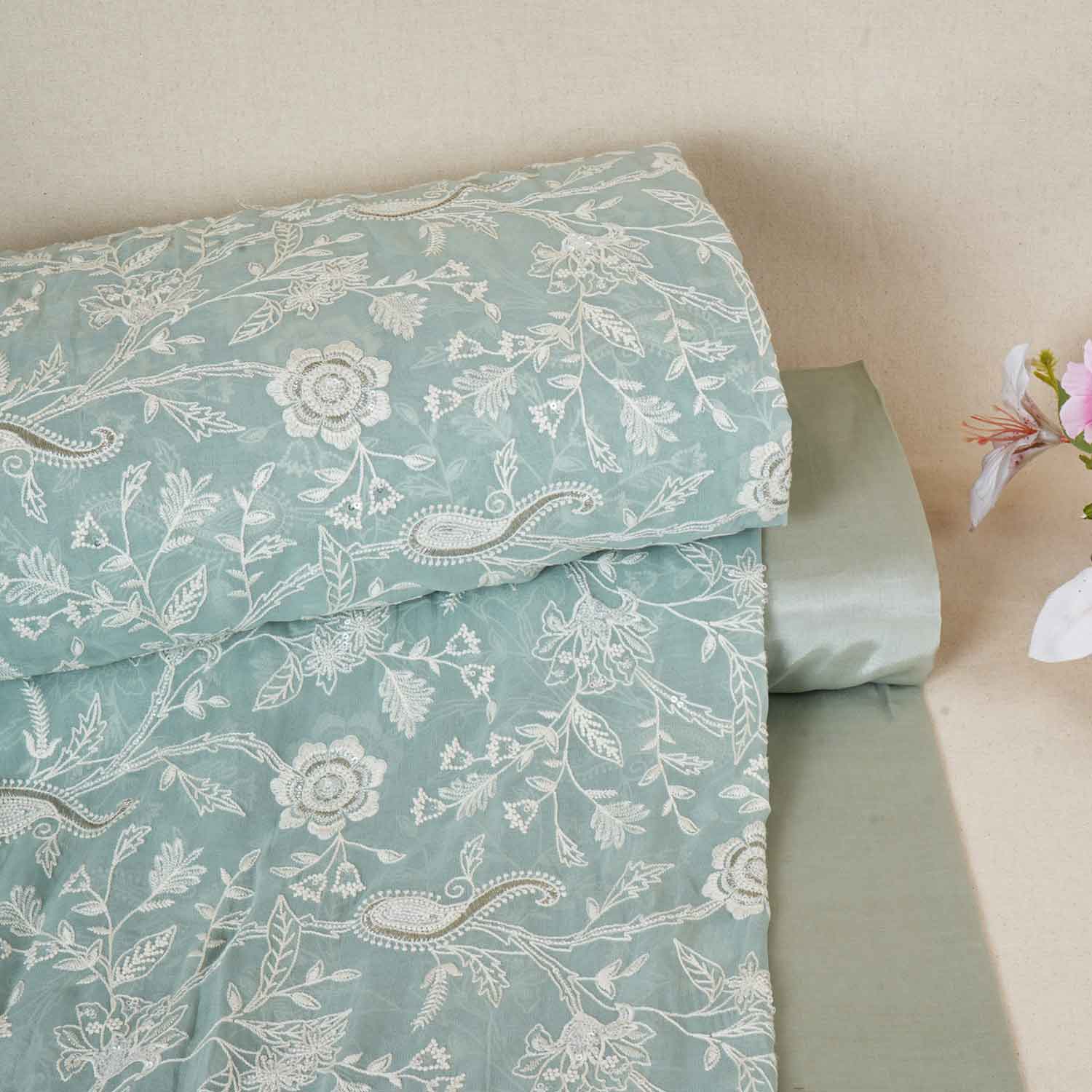 Sea Green Floral Thread Sequins Embroidery Chikankari Georgette Fabric DR-28282 - TradeUNO