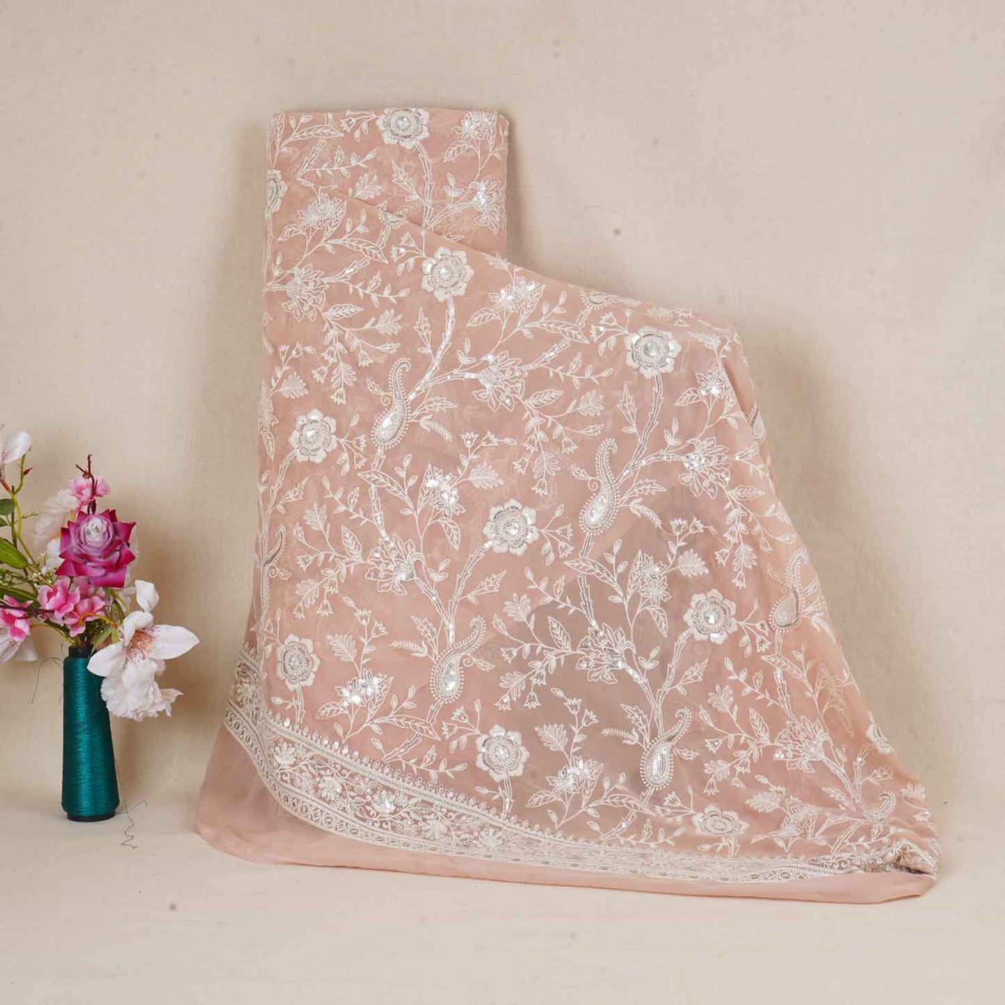 Peach Pink Floral Thread Sequins Embroidery Chikankari Georgette Fabric DRAJ-28283