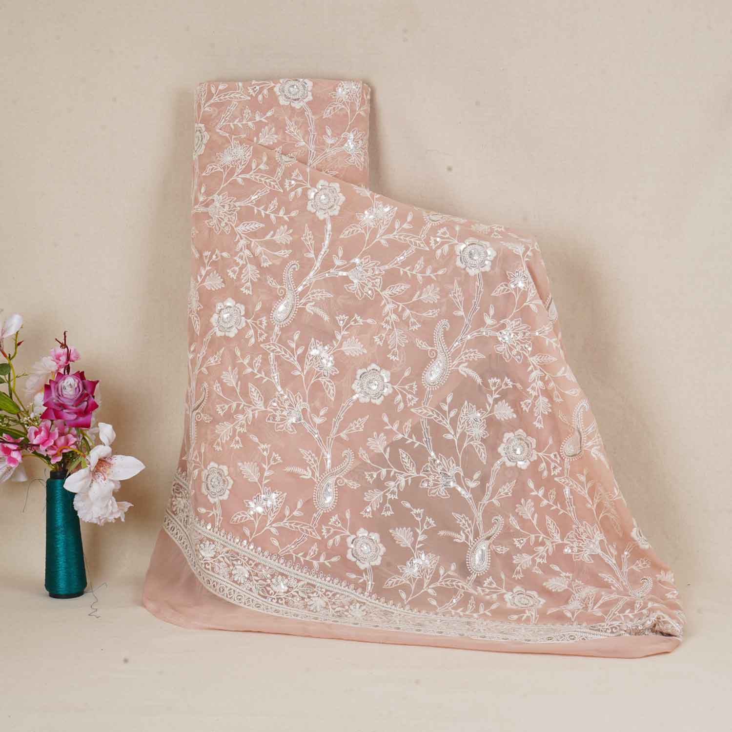 Peach Pink Floral Thread Sequins Embroidery Chikankari Georgette Fabric DR-28283 - TradeUNO