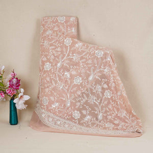 Peach Pink Floral Thread Sequins Embroidery Chikankari Georgette Fabric DR-28283 - TradeUNO