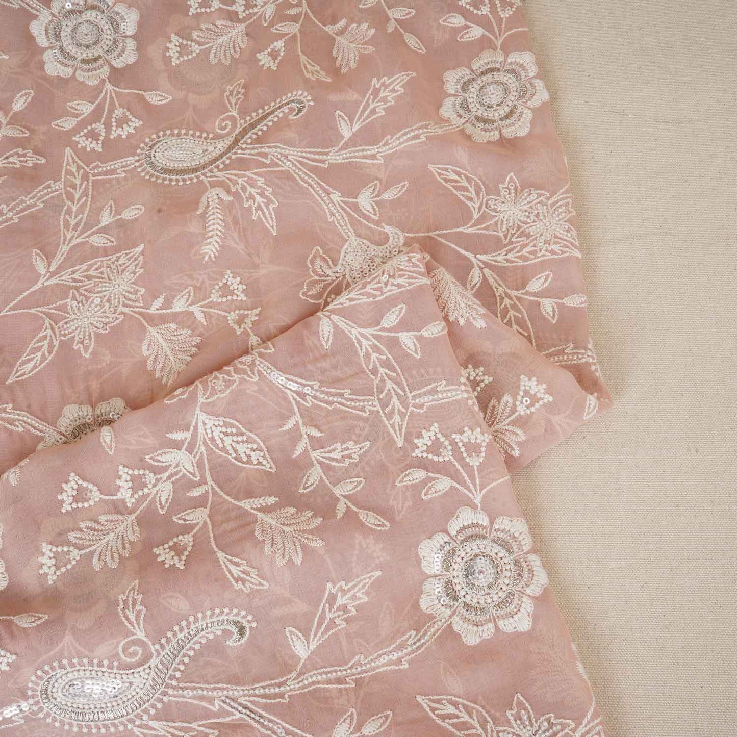 Peach Pink Floral Thread Sequins Embroidery Chikankari Georgette Fabric DRAJ-28283
