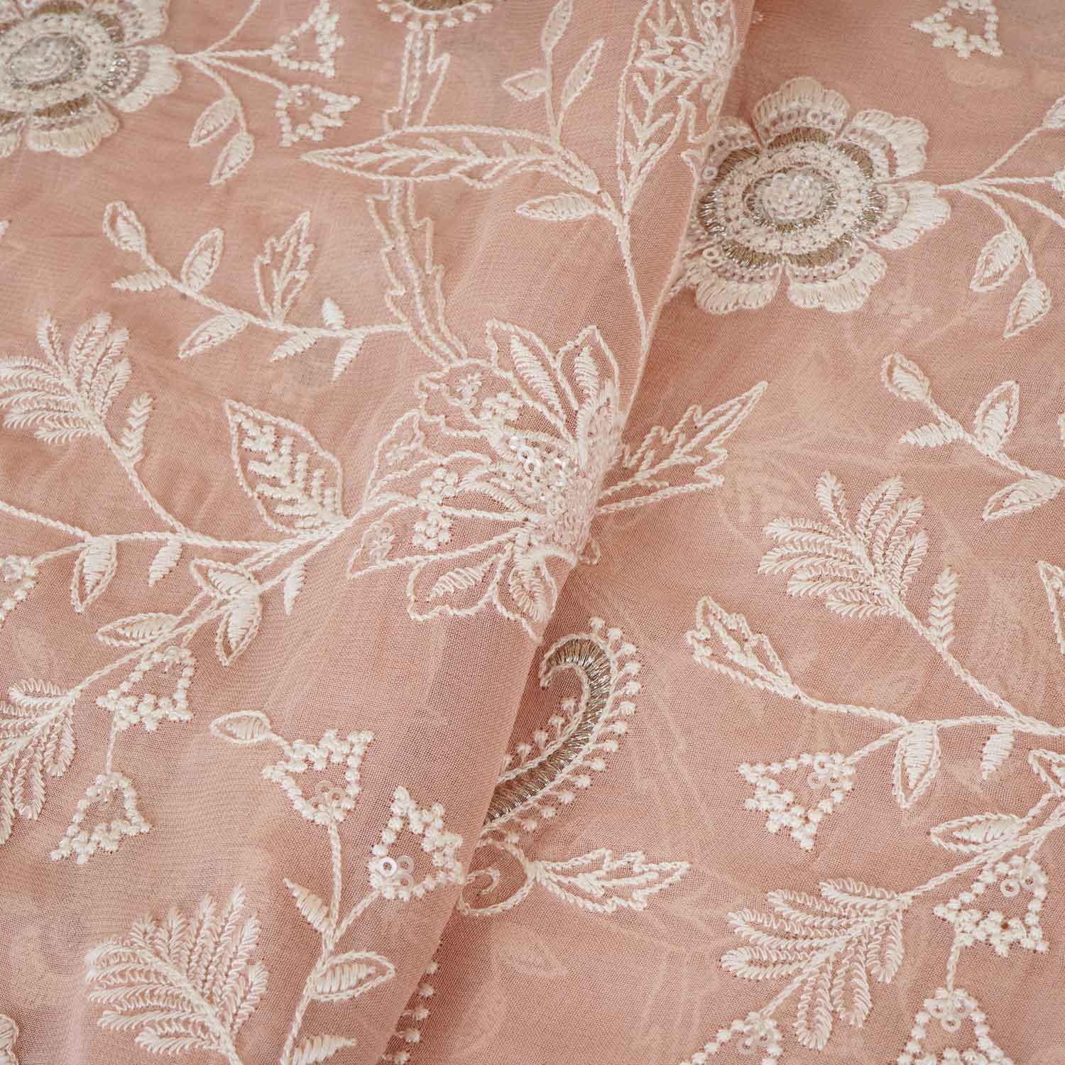 Peach Pink Floral Thread Sequins Embroidery Chikankari Georgette Fabric DR-28283 - TradeUNO