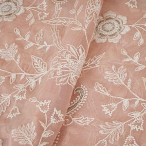 Peach Pink Floral Thread Sequins Embroidery Chikankari Georgette Fabric DR-28283 - TradeUNO