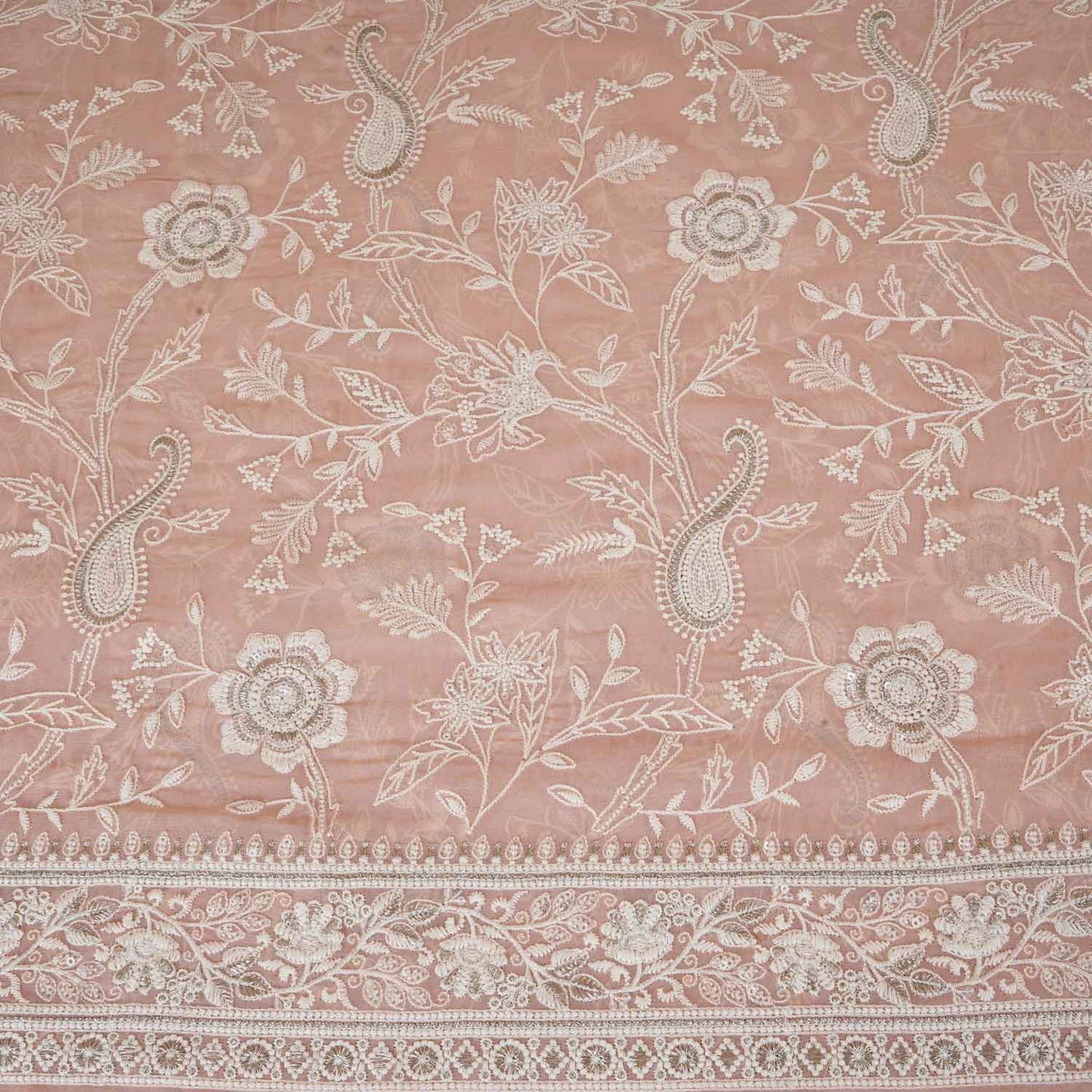 Peach Pink Floral Thread Sequins Embroidery Chikankari Georgette Fabric DRAJ-28283