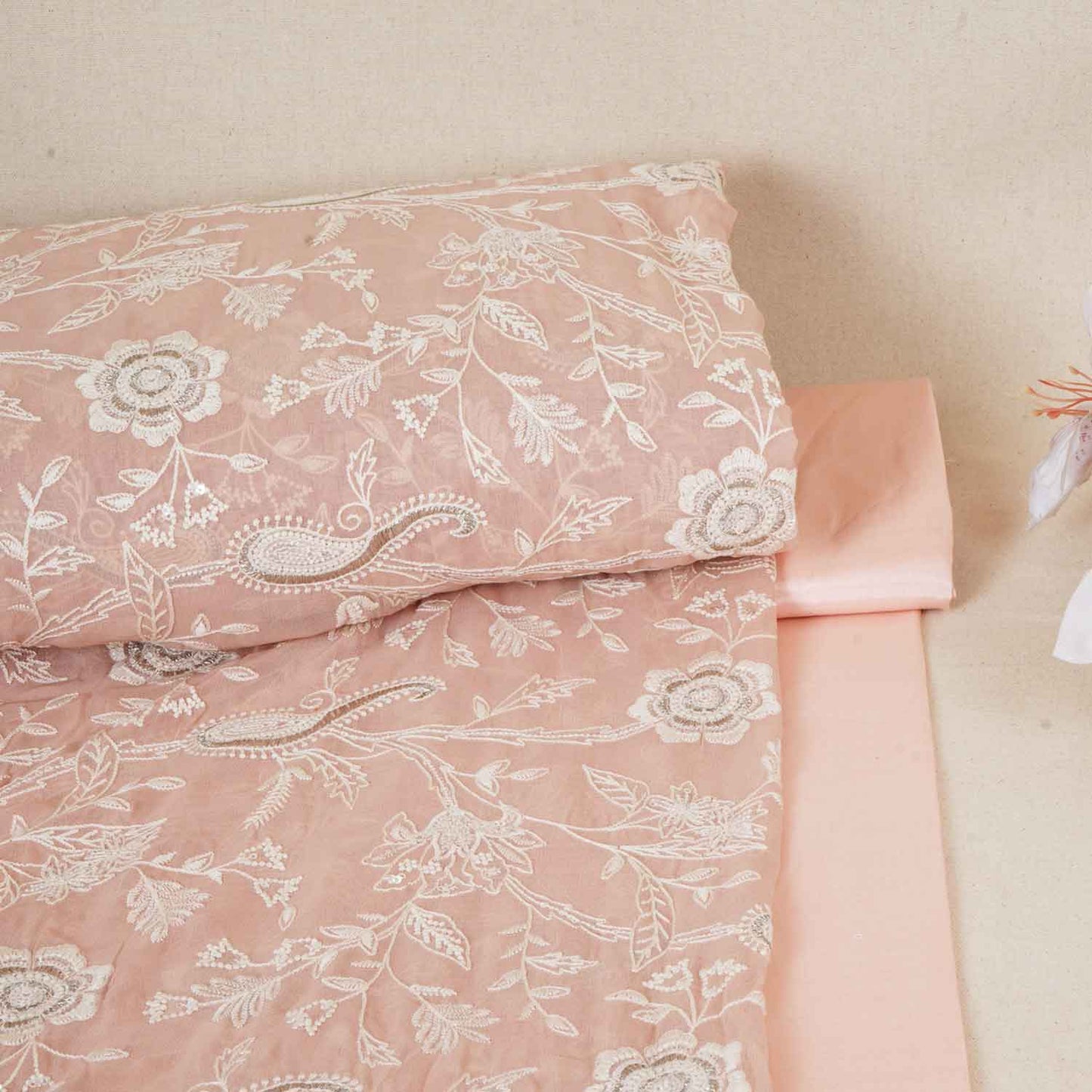 Peach Pink Floral Thread Sequins Embroidery Chikankari Georgette Fabric DRAJ-28283