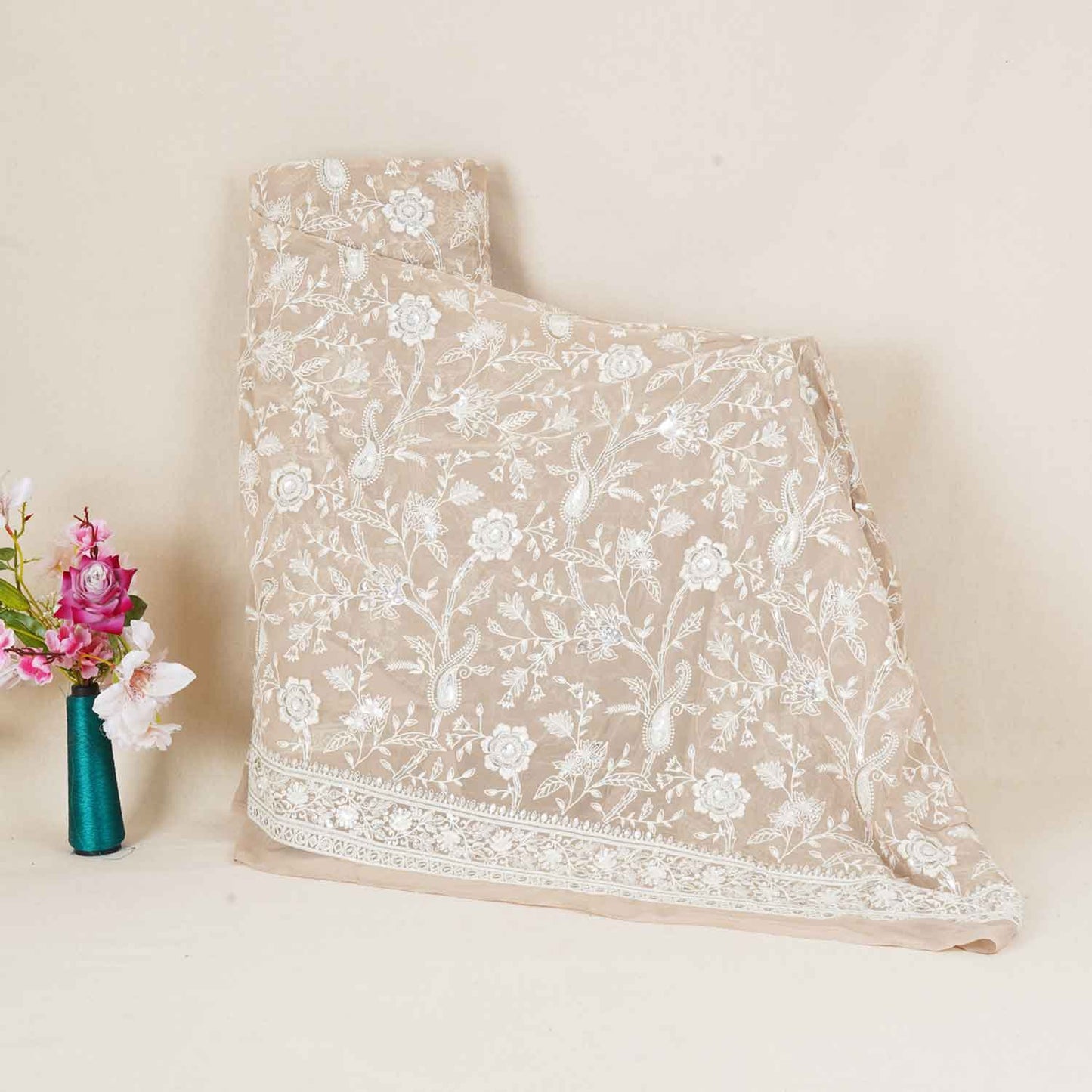Beige Floral Thread Sequins Embroidery Chikankari Georgette Fabric DRAJ-28284