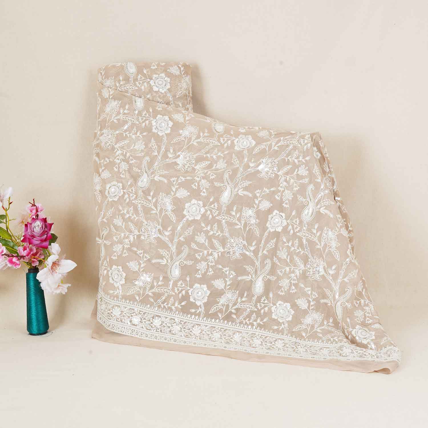 Beige Floral Thread Sequins Embroidery Chikankari Georgette Fabric DR-28284 - TradeUNO