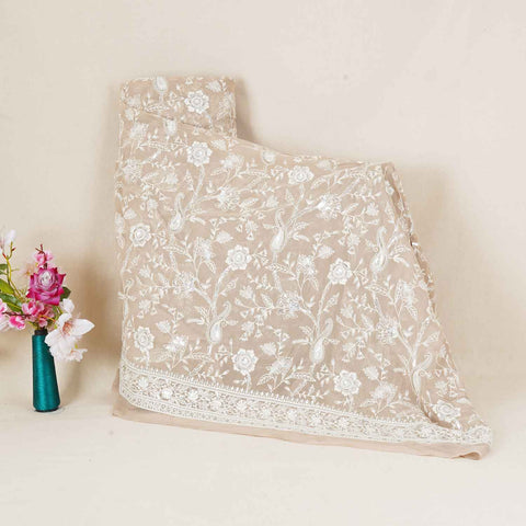 Beige Floral Thread Sequins Embroidery Chikankari Georgette Fabric DR-28284