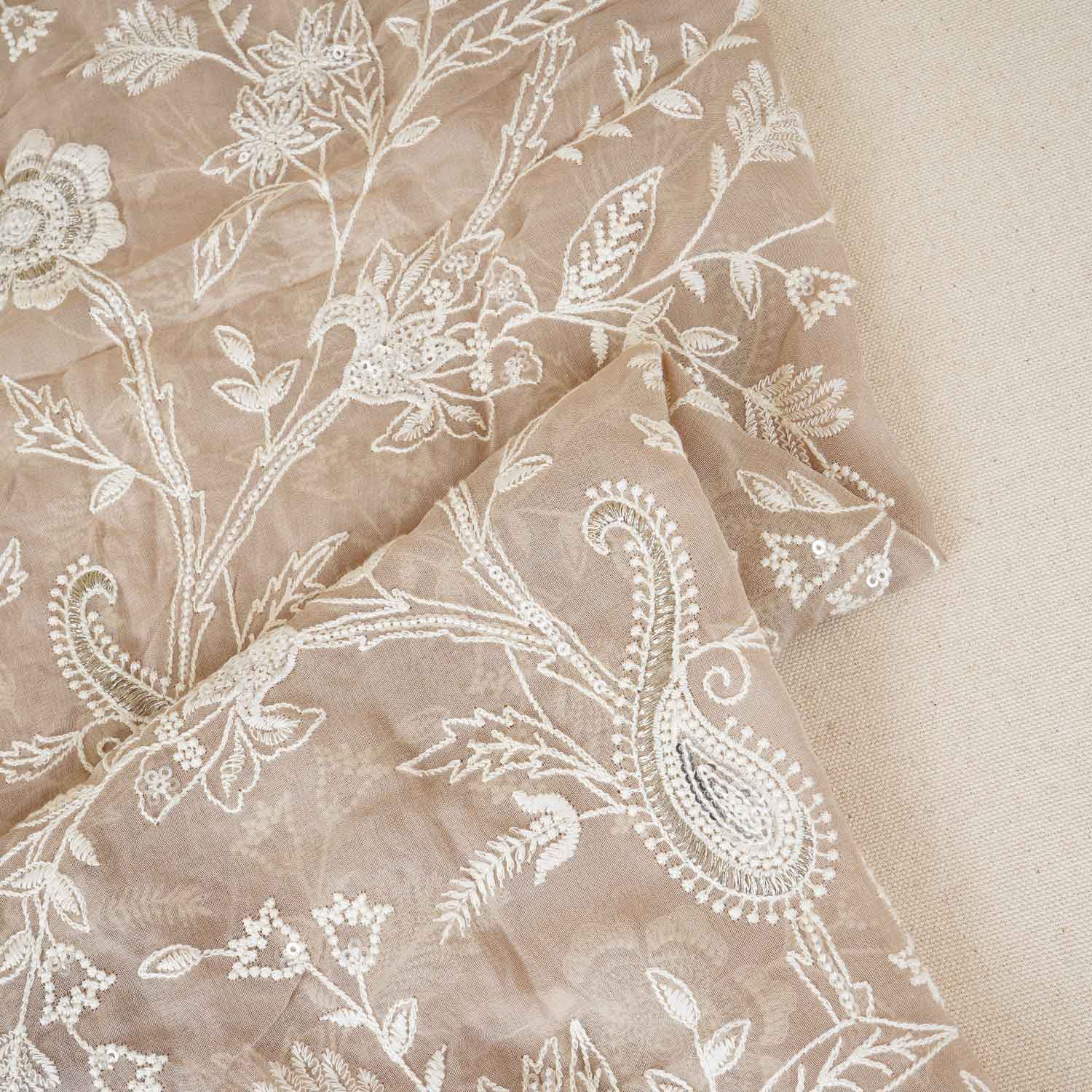 Beige Floral Thread Sequins Embroidery Chikankari Georgette Fabric DR-28284 - TradeUNO