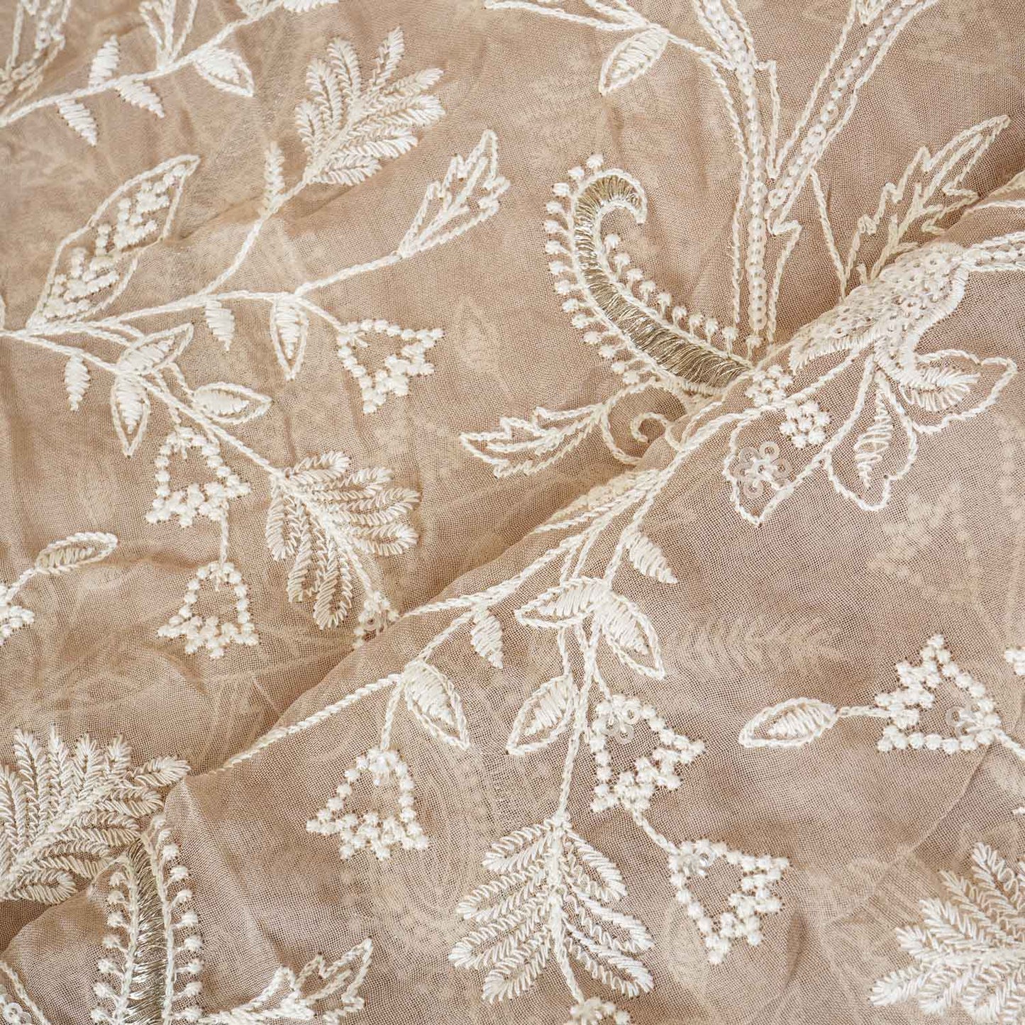 Beige Floral Thread Sequins Embroidery Chikankari Georgette Fabric DRAJ-28284