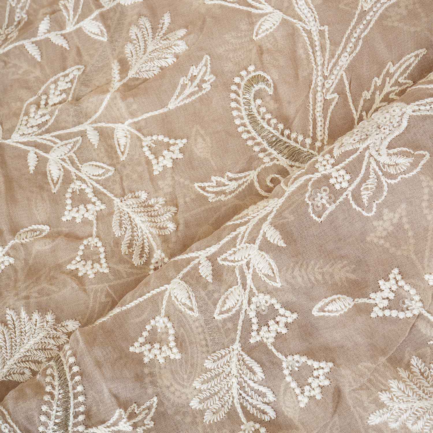 Beige Floral Thread Sequins Embroidery Chikankari Georgette Fabric DR-28284 - TradeUNO
