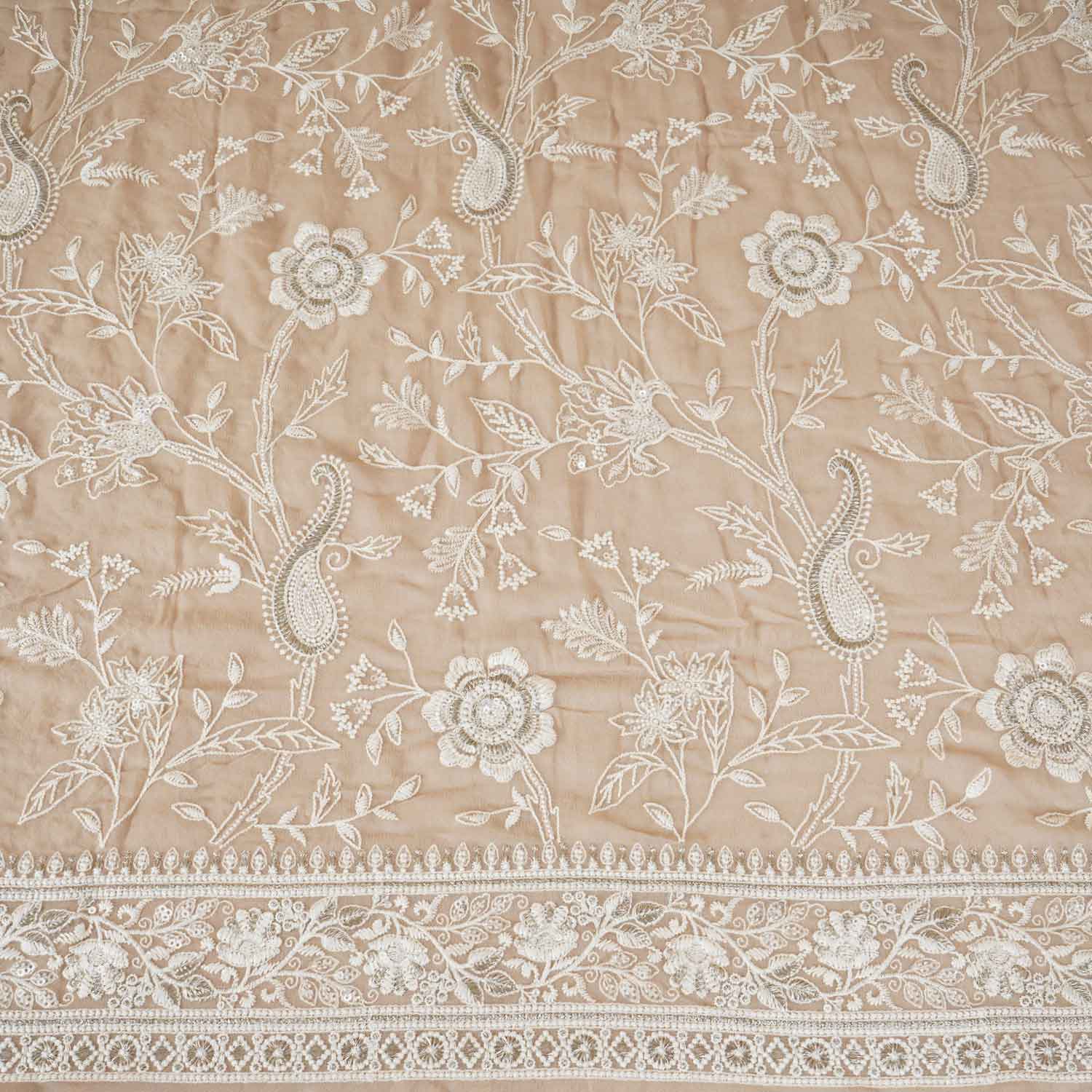 Beige Floral Thread Sequins Embroidery Chikankari Georgette Fabric DR-28284 - TradeUNO