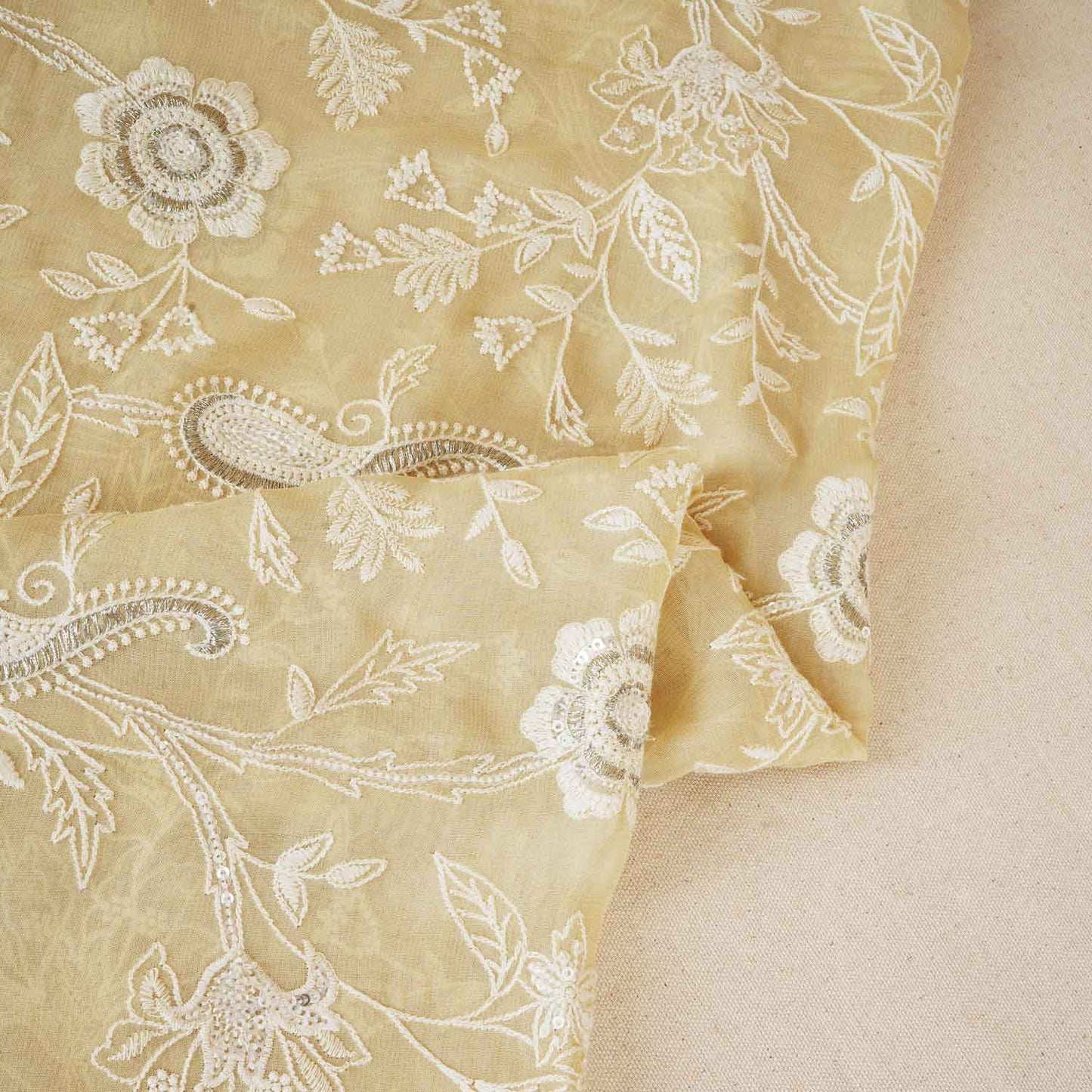Lemon Yellow Floral Thread Sequins Embroidery Chikankari Georgette Fabric DRAJ-28285