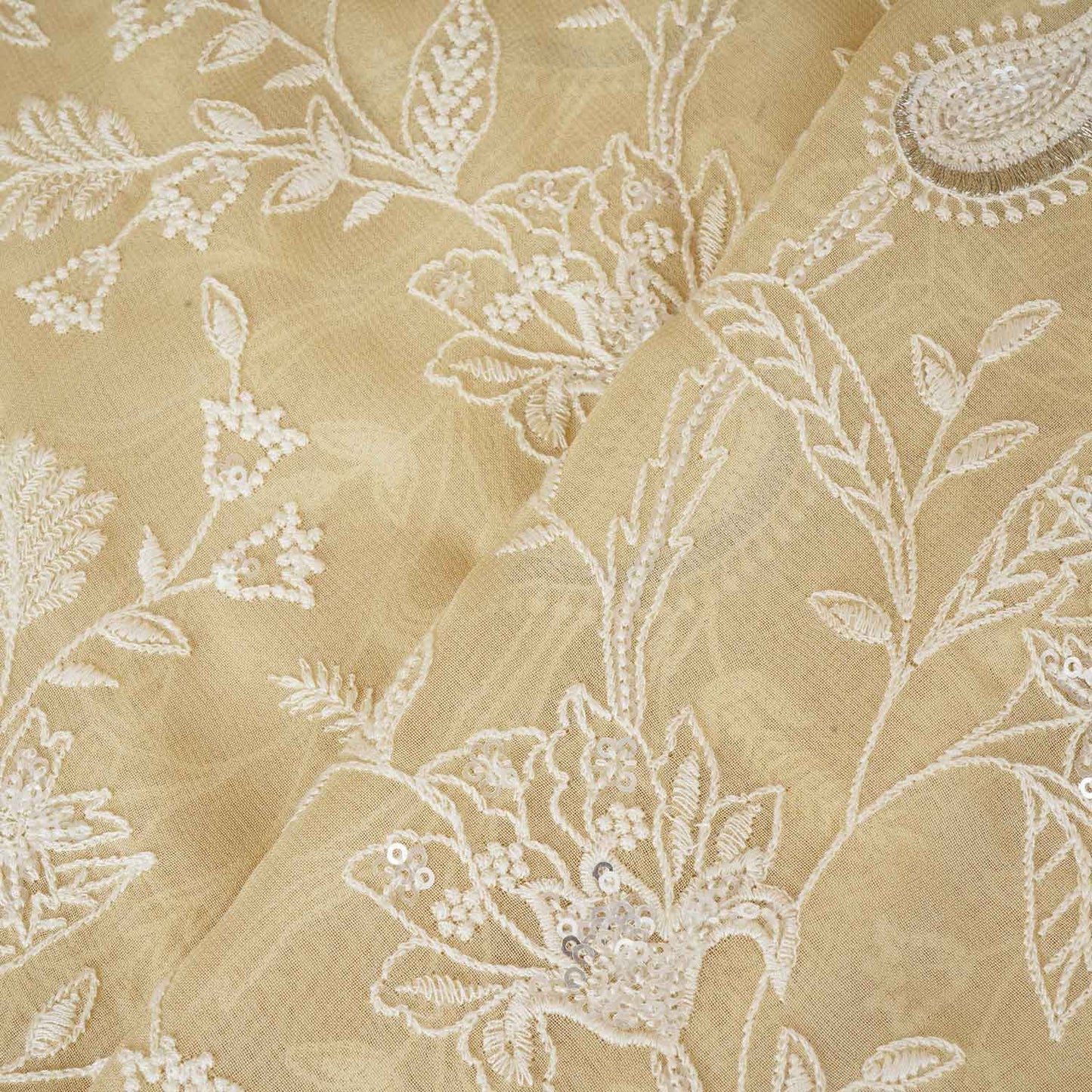 Lemon Yellow Floral Thread Sequins Embroidery Chikankari Georgette Fabric DRAJ-28285