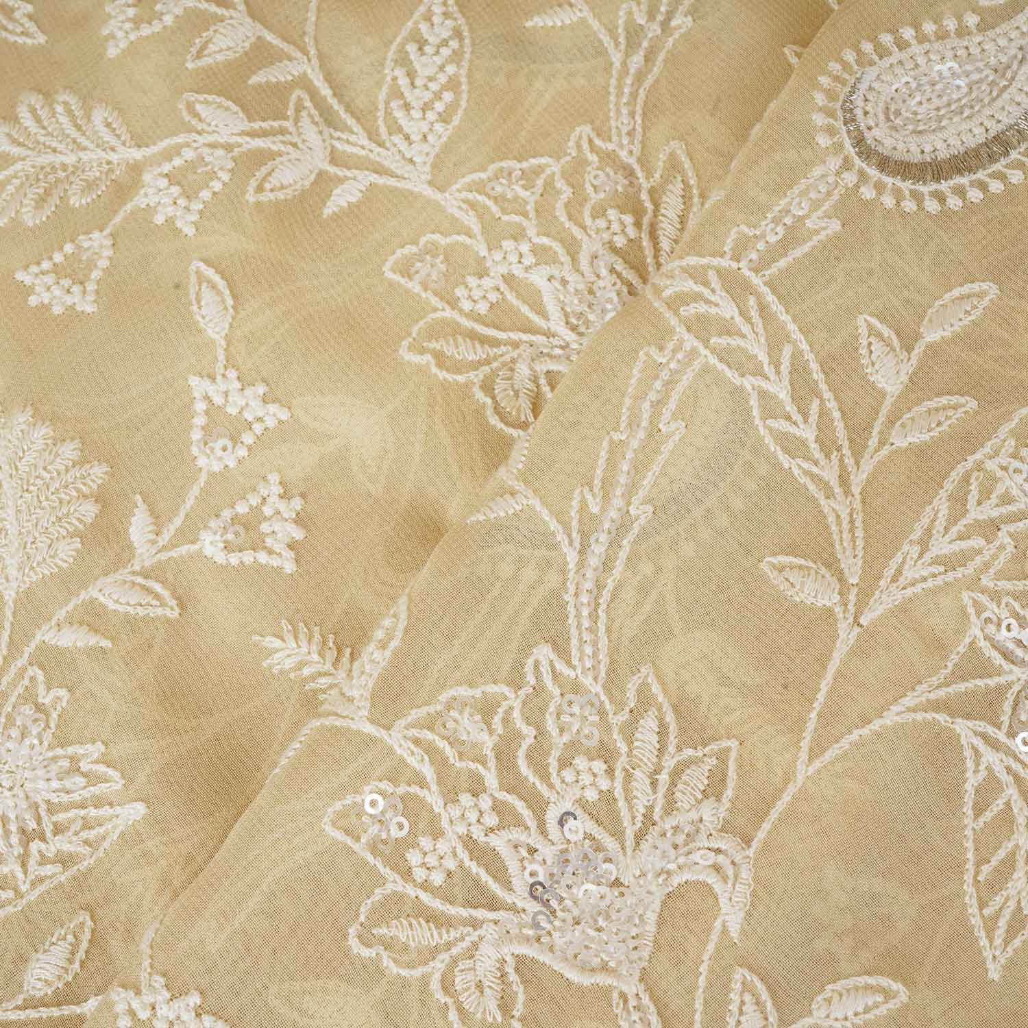 Lemon Yellow Floral Thread Sequins Embroidery Chikankari Georgette Fabric DR-28285 - TradeUNO