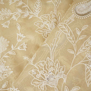 Lemon Yellow Floral Thread Sequins Embroidery Chikankari Georgette Fabric DR-28285 - TradeUNO