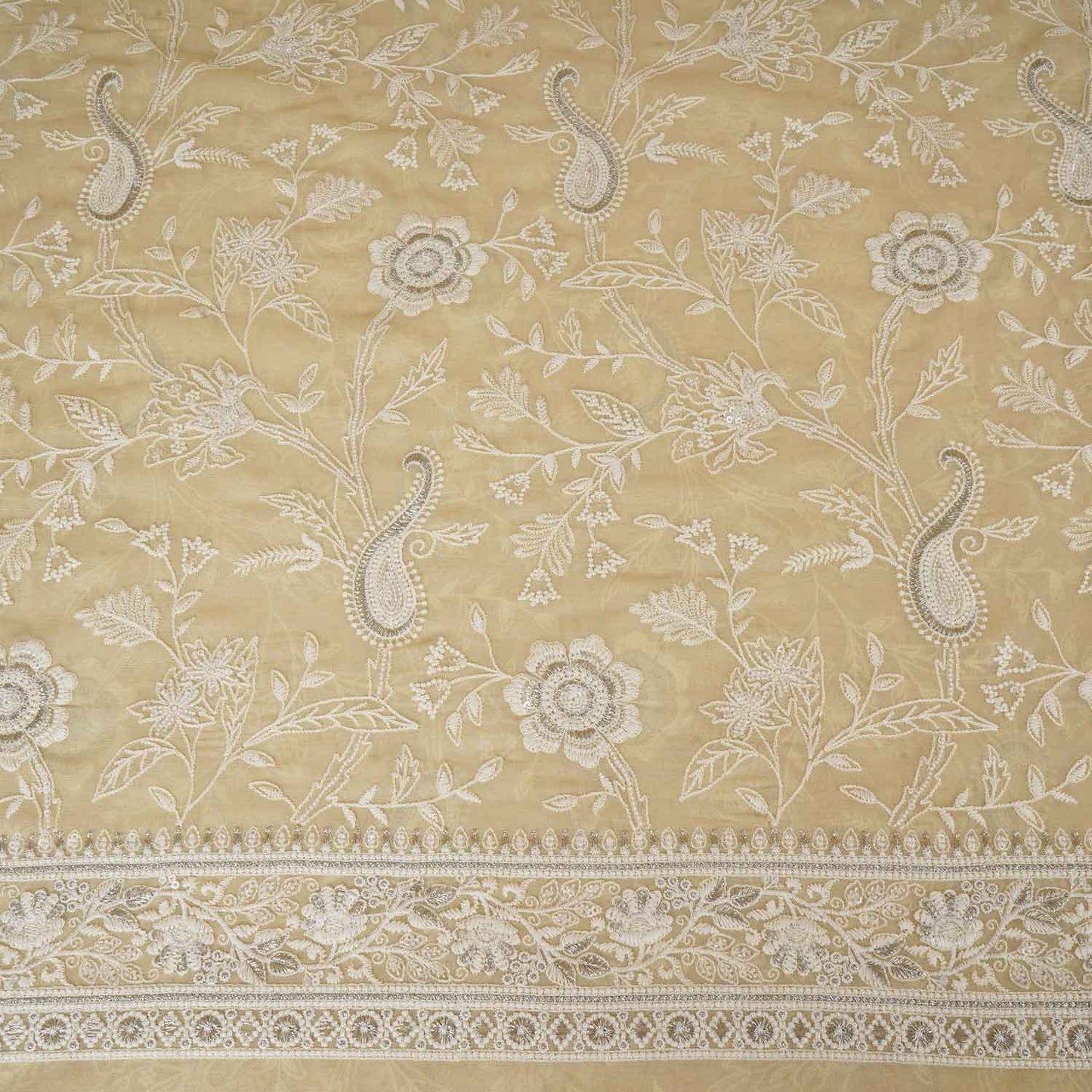 Lemon Yellow Floral Thread Sequins Embroidery Chikankari Georgette Fabric DRAJ-28285