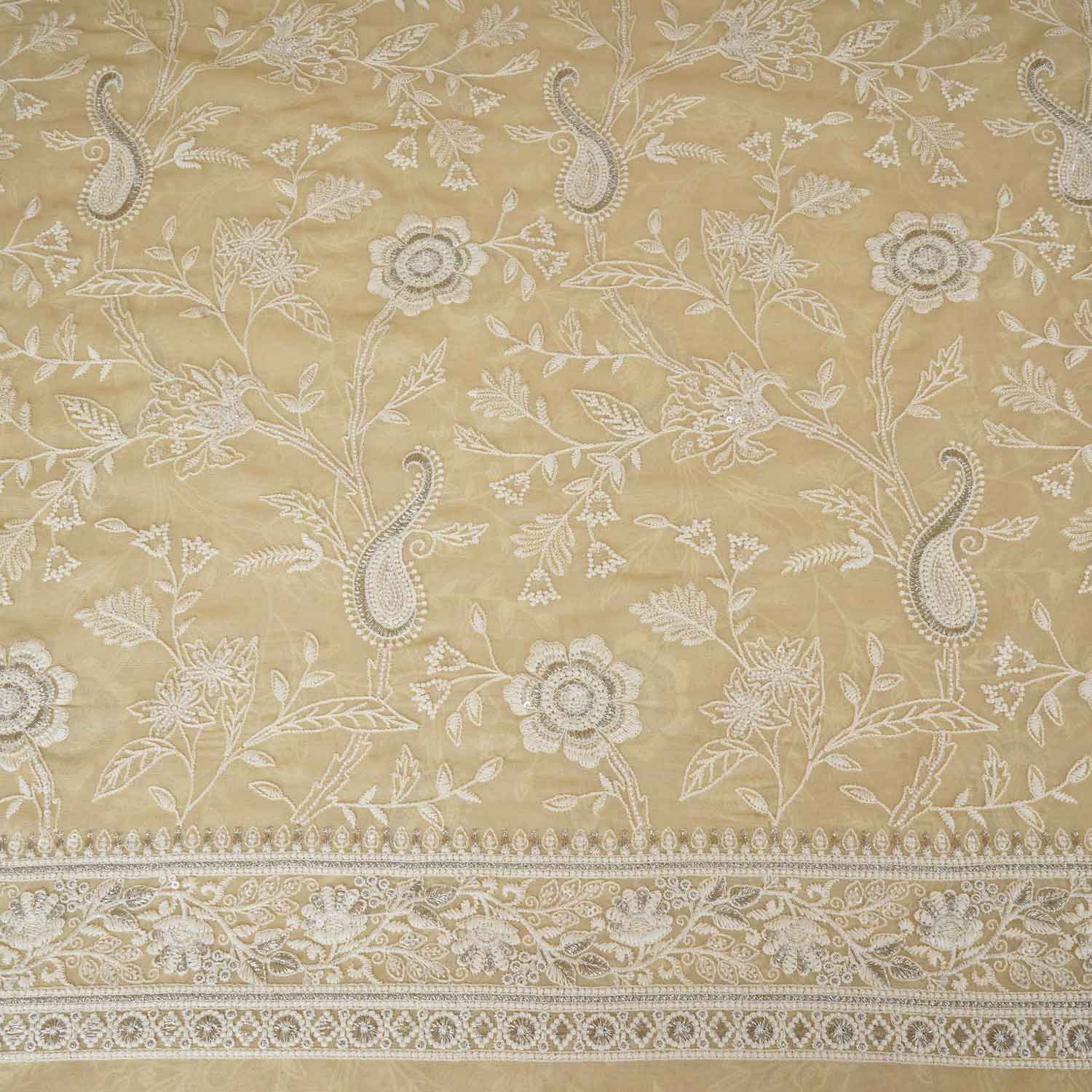 Lemon Yellow Floral Thread Sequins Embroidery Chikankari Georgette Fabric DR-28285 - TradeUNO
