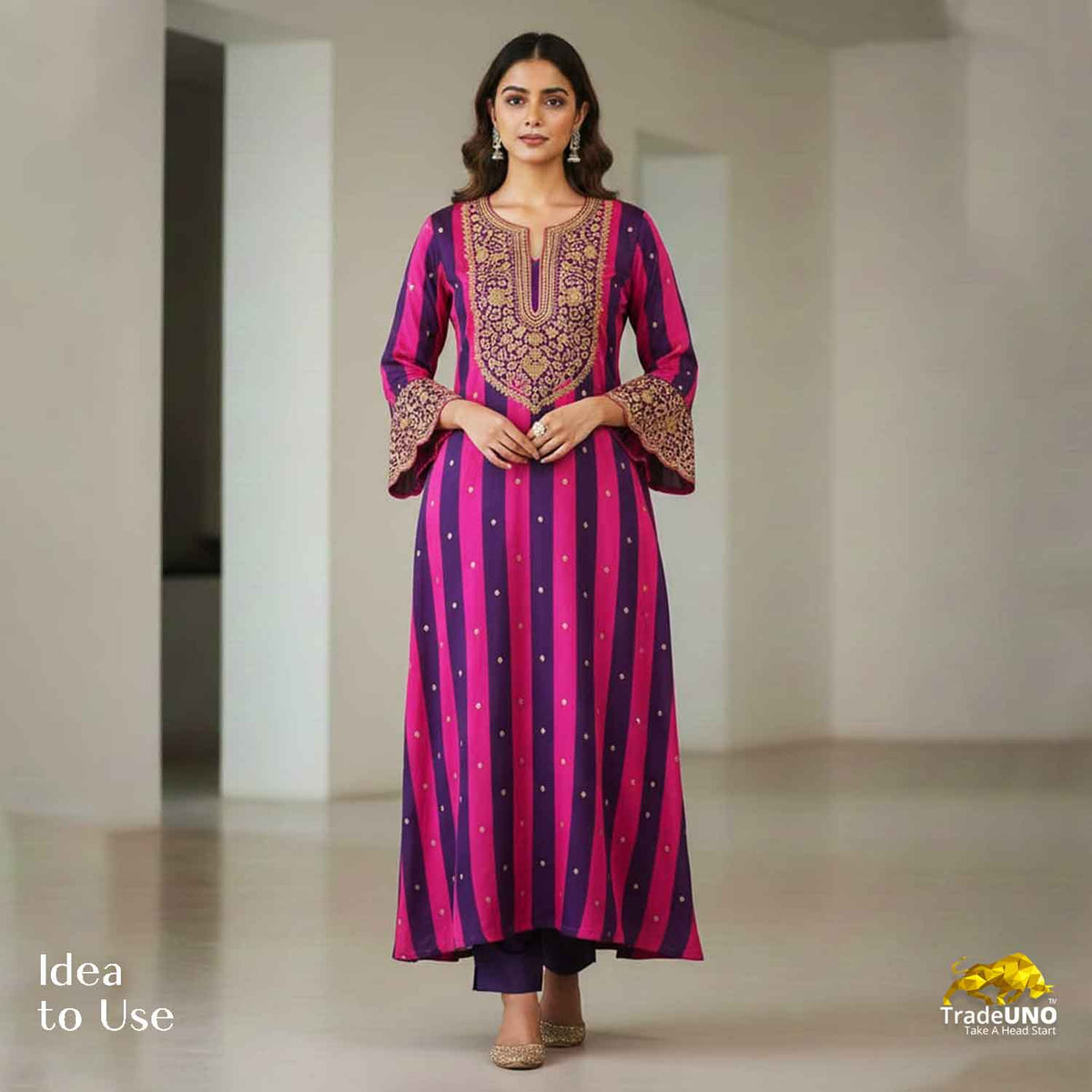 Pink & purple stripes embroidery Crepe Fabric MF-28583 - TradeUNO