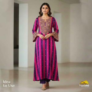 Pink & purple stripes embroidery Crepe Fabric MF-28583 - TradeUNO