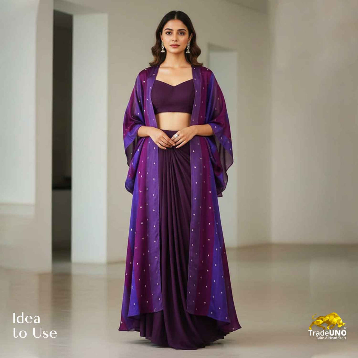 Purple With Multicolor stripes embroidery Crepe Fabric MF-28584 - TradeUNO