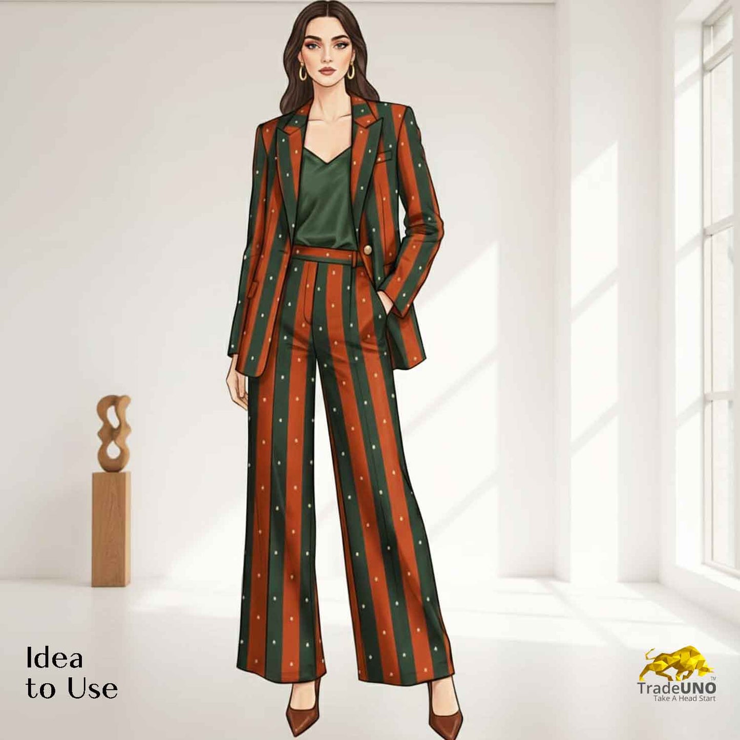 Green & Orange stripes embroidery Crepe Fabric MF-28588