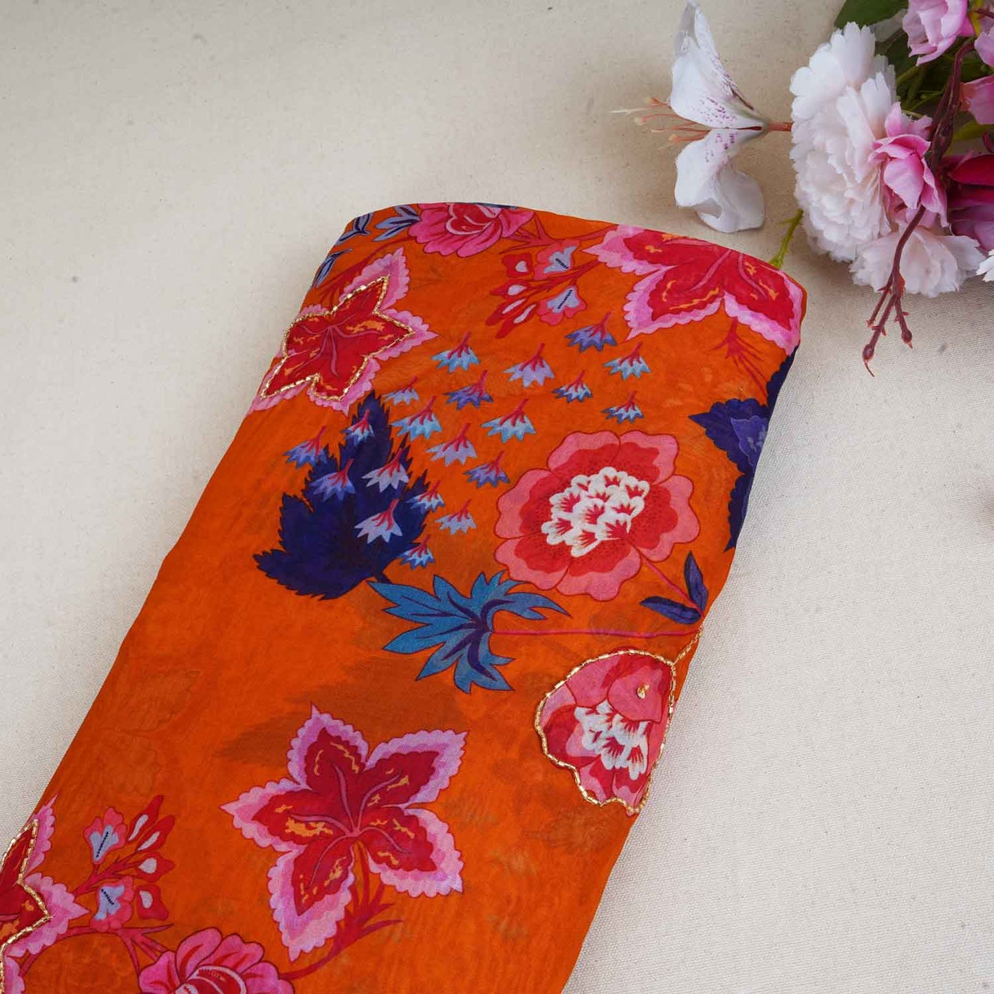 Orange Cutdana Hand Work Floral Print Organza Fabric MT-28288