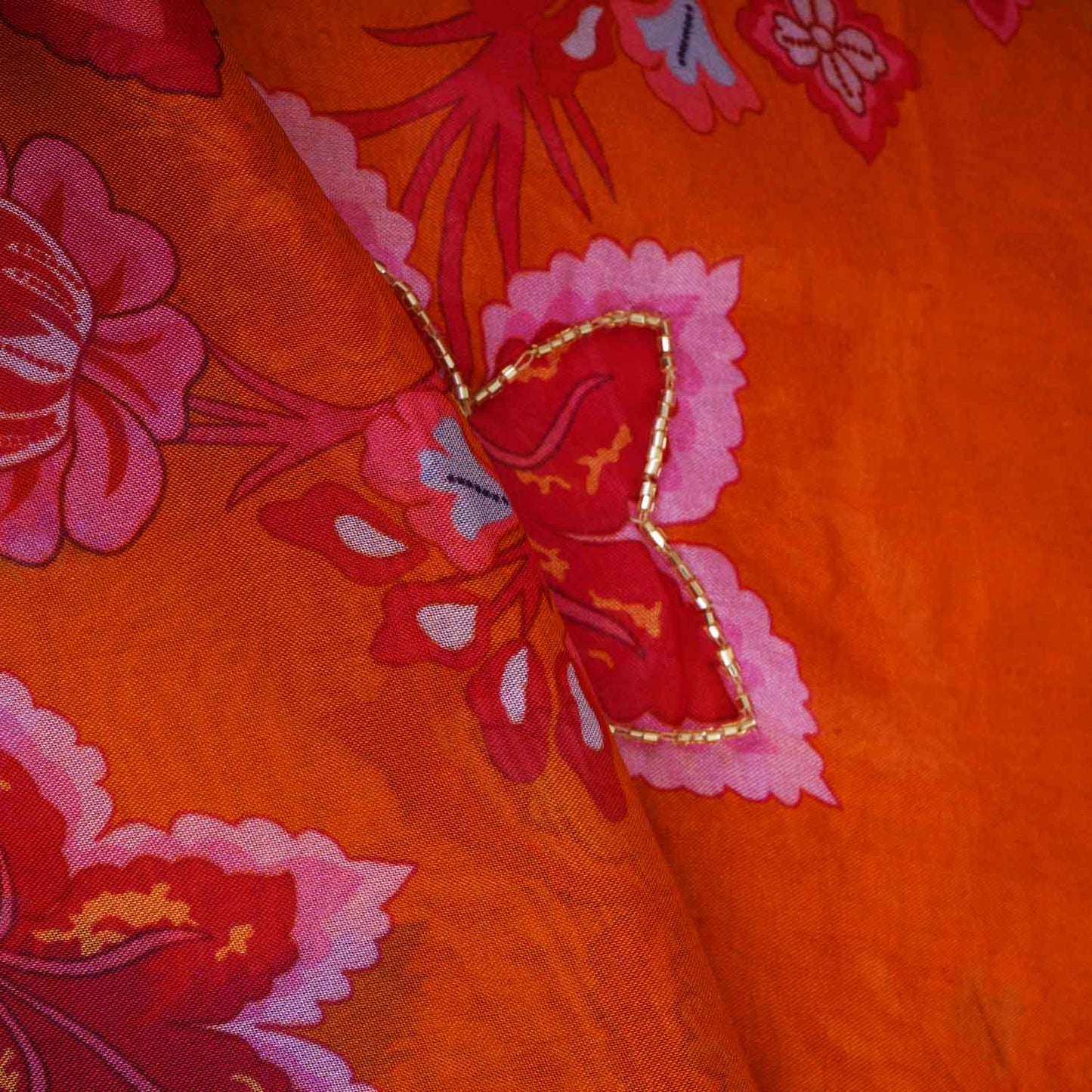 Orange Cutdana Hand Work Floral Print Organza Fabric MT-28288