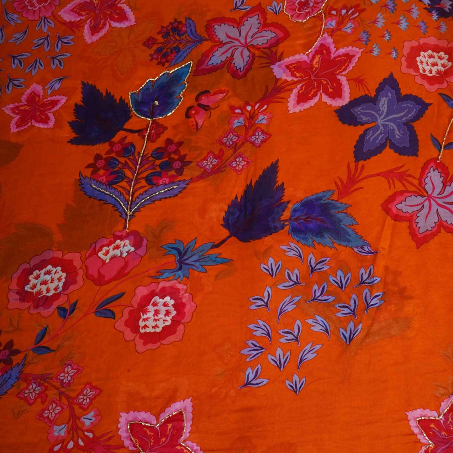 Orange Cutdana Hand Work Floral Print Organza Fabric MT-28288