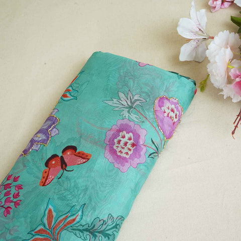 Mint Green Cutdana Hand Work Floral Print Organza Fabric MT-28289