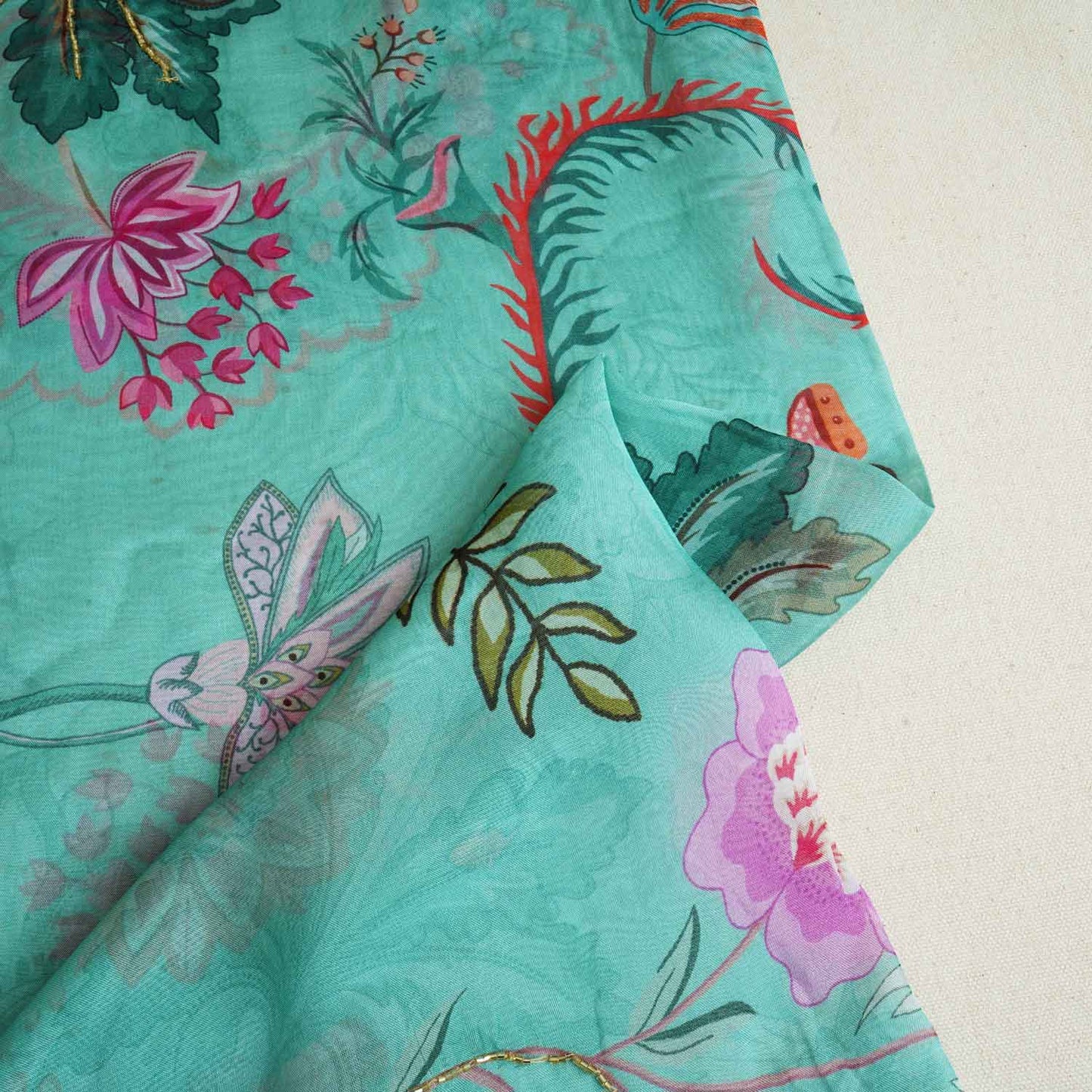 Mint Green Cutdana Hand Work Floral Print Organza Fabric MT-28289