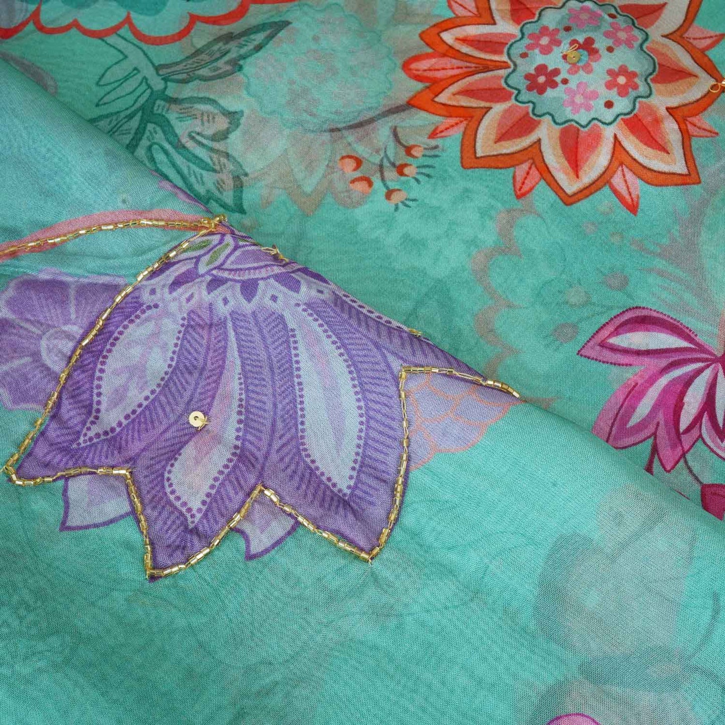 Mint Green Cutdana Hand Work Floral Print Organza Fabric MT-28289