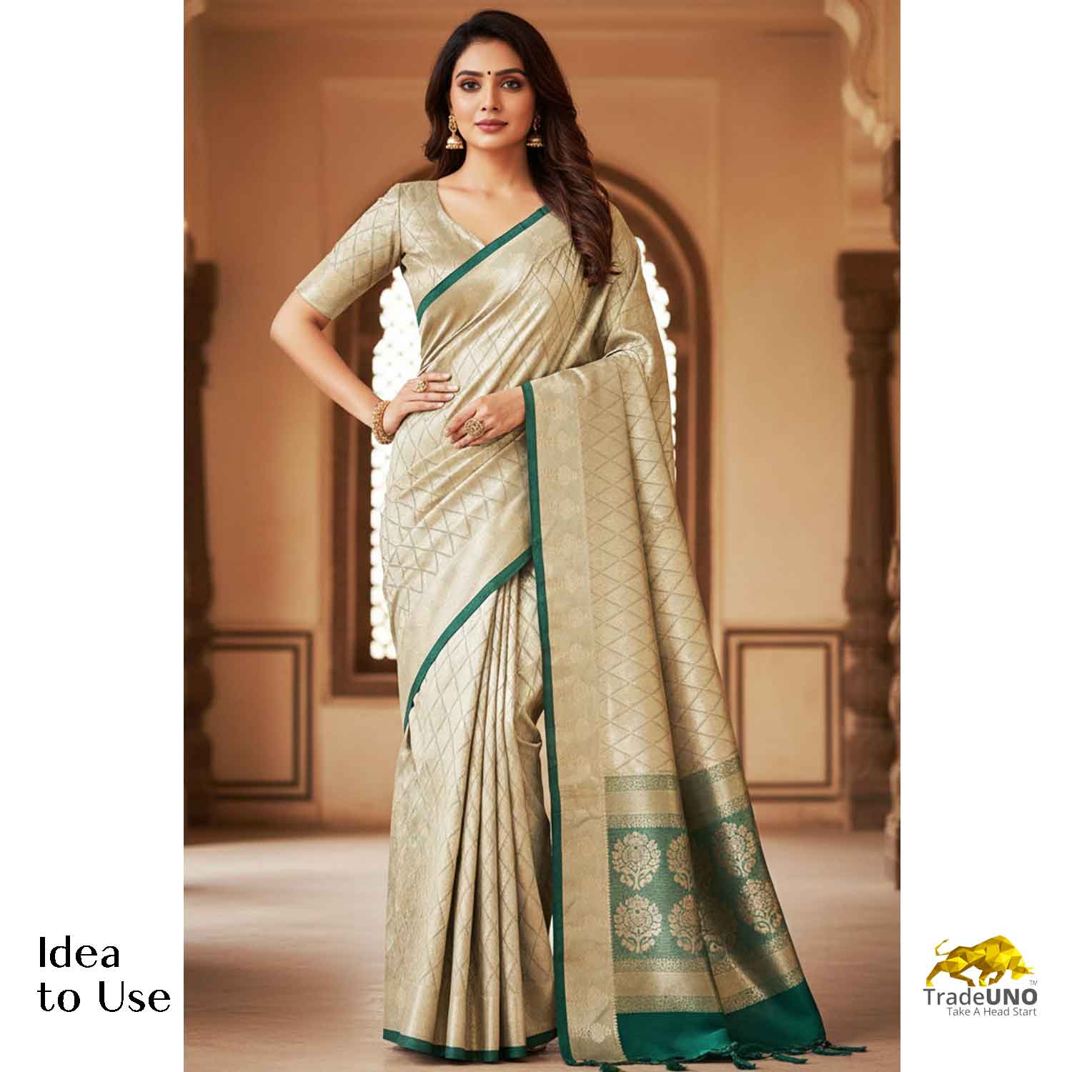 Dark Green Zari Weave Silk Tissue Fabric CW-28975 - TradeUNO